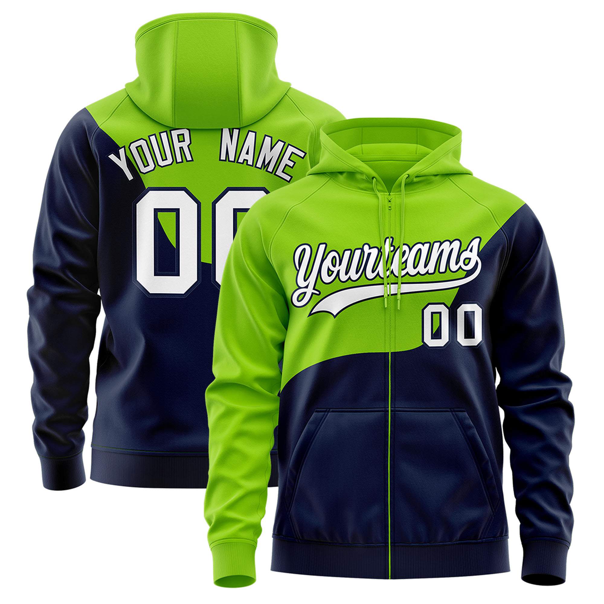 Custom Neon Green Navy Color Block Varsity Full-Zip Letterman Wave Hoodie Jacket