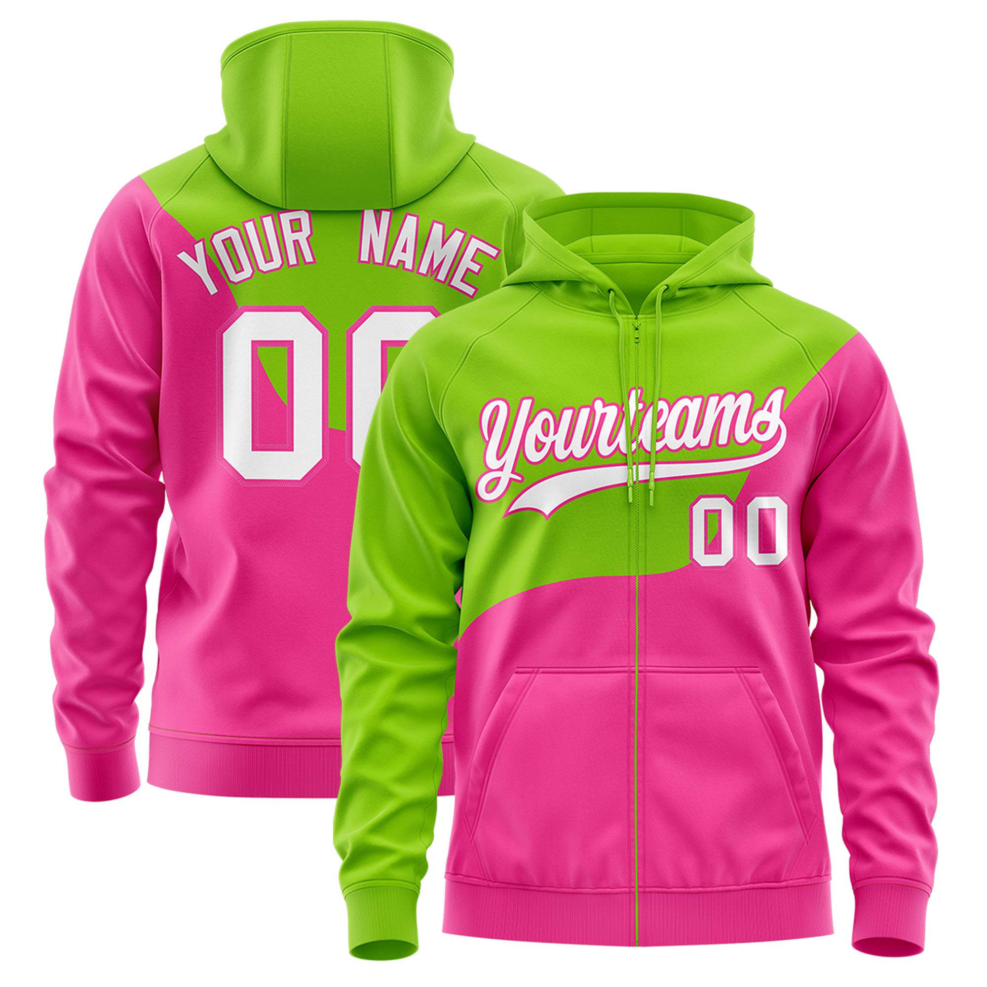 Custom Neon Green Pink Color Block Varsity Full-Zip Letterman Wave Hoodie Jacket