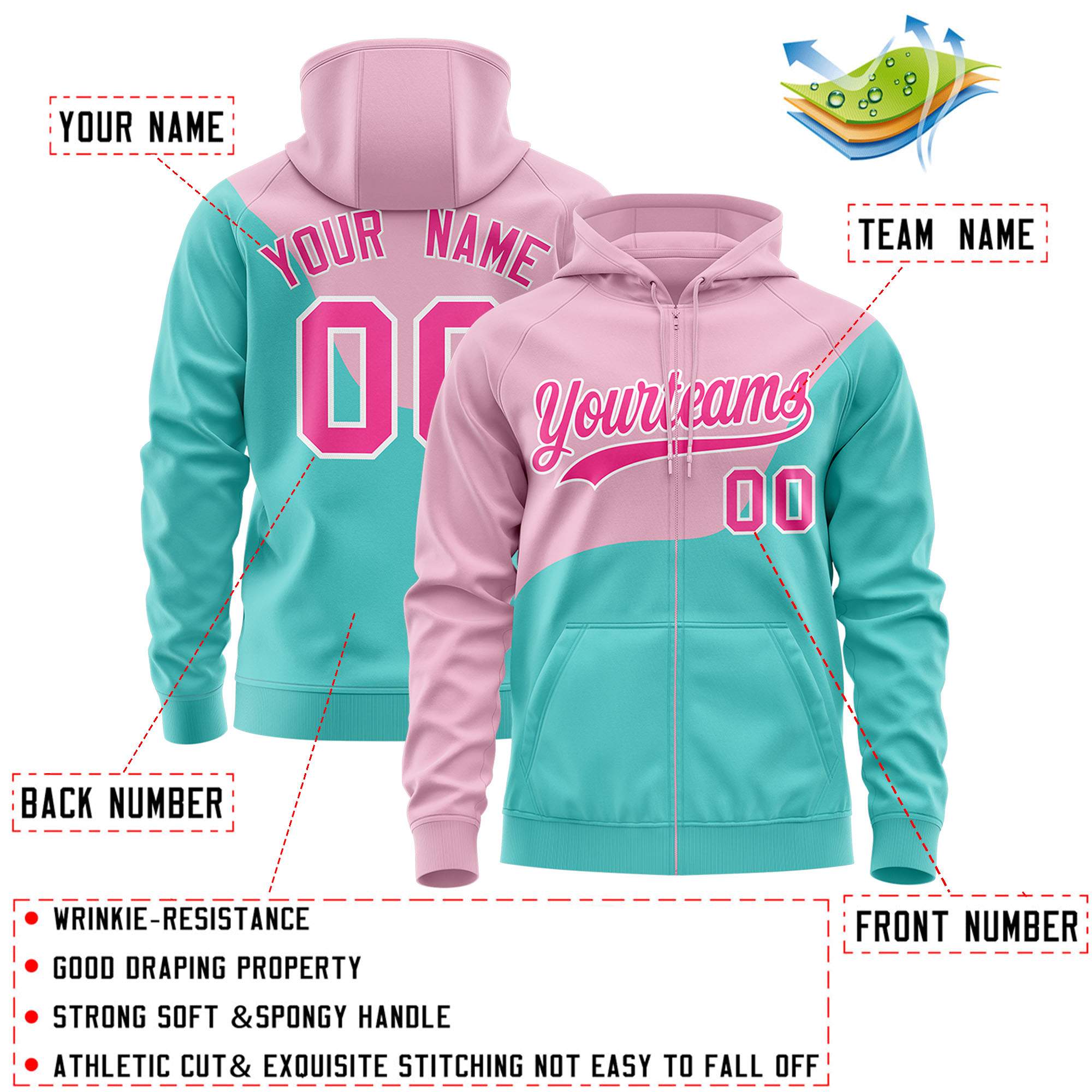 Custom Light Pink Bright Green Color Block Varsity Full-Zip Letterman Wave Hoodie Jacket