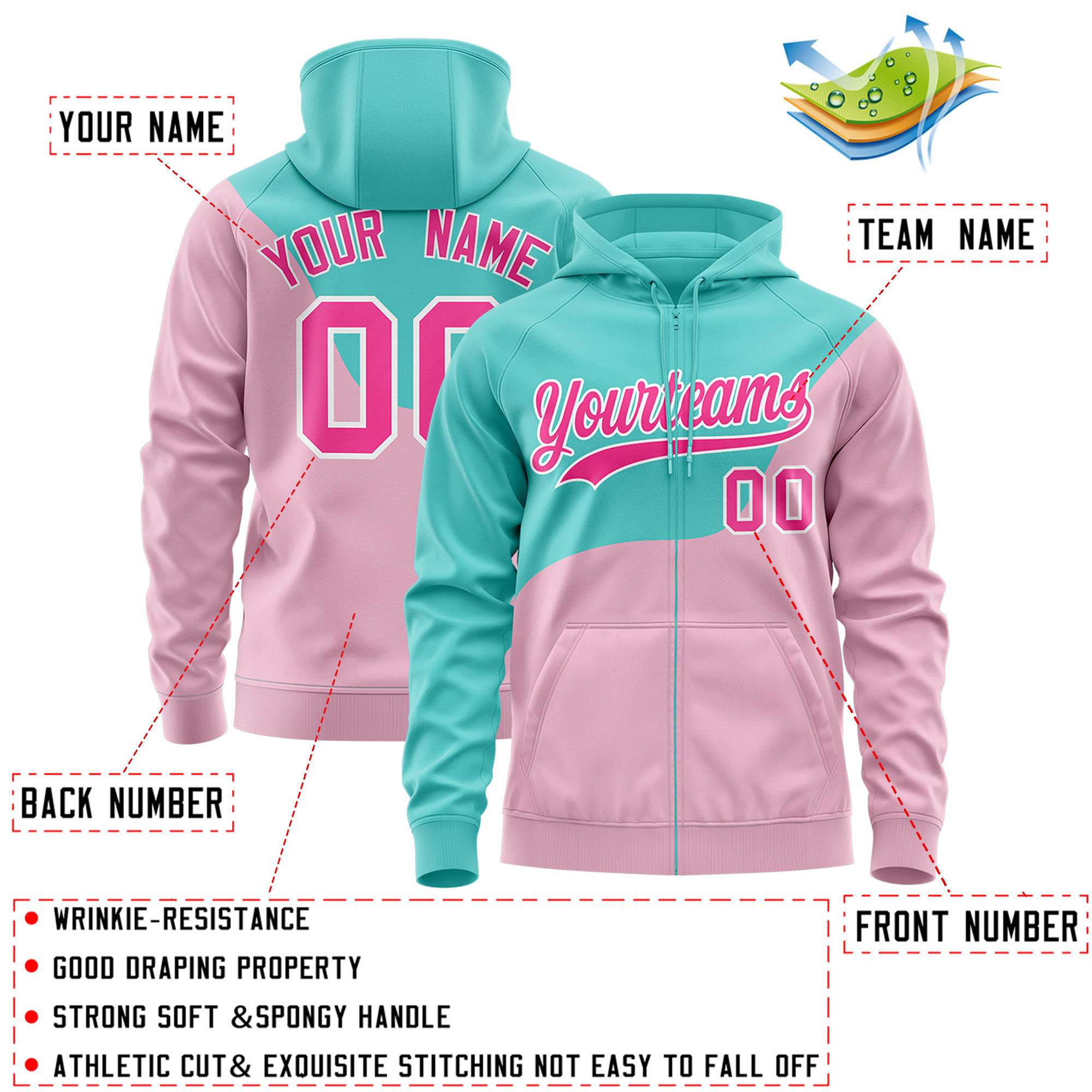 Custom Bright Green Light Pink Color Block Varsity Full-Zip Letterman Wave Hoodie Jacket