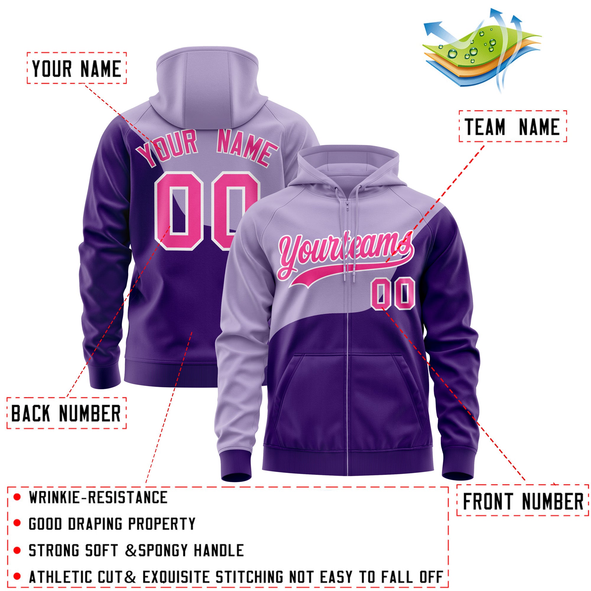 Custom Light Purple Purple Color Block Varsity Full-Zip Letterman Wave Hoodie Jacket