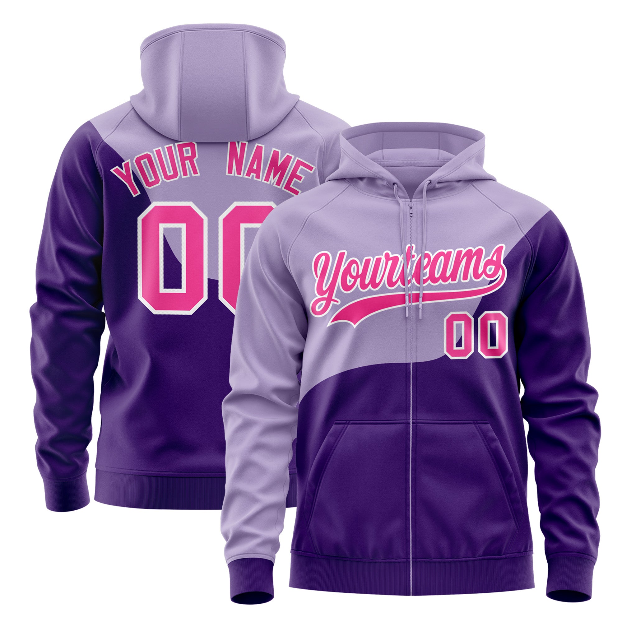 Custom Light Purple Purple Color Block Varsity Full-Zip Letterman Wave Hoodie Jacket