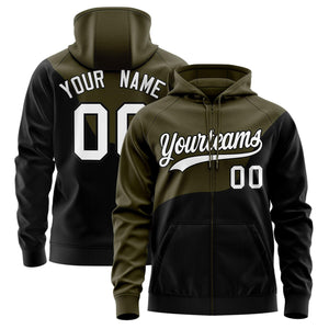 Custom Olive Black Color Block Varsity Full-Zip Letterman Wave Hoodie Jacket