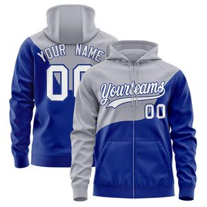 Custom Gray Royal Color Block Varsity Full-Zip Letterman Wave Hoodie Jacket