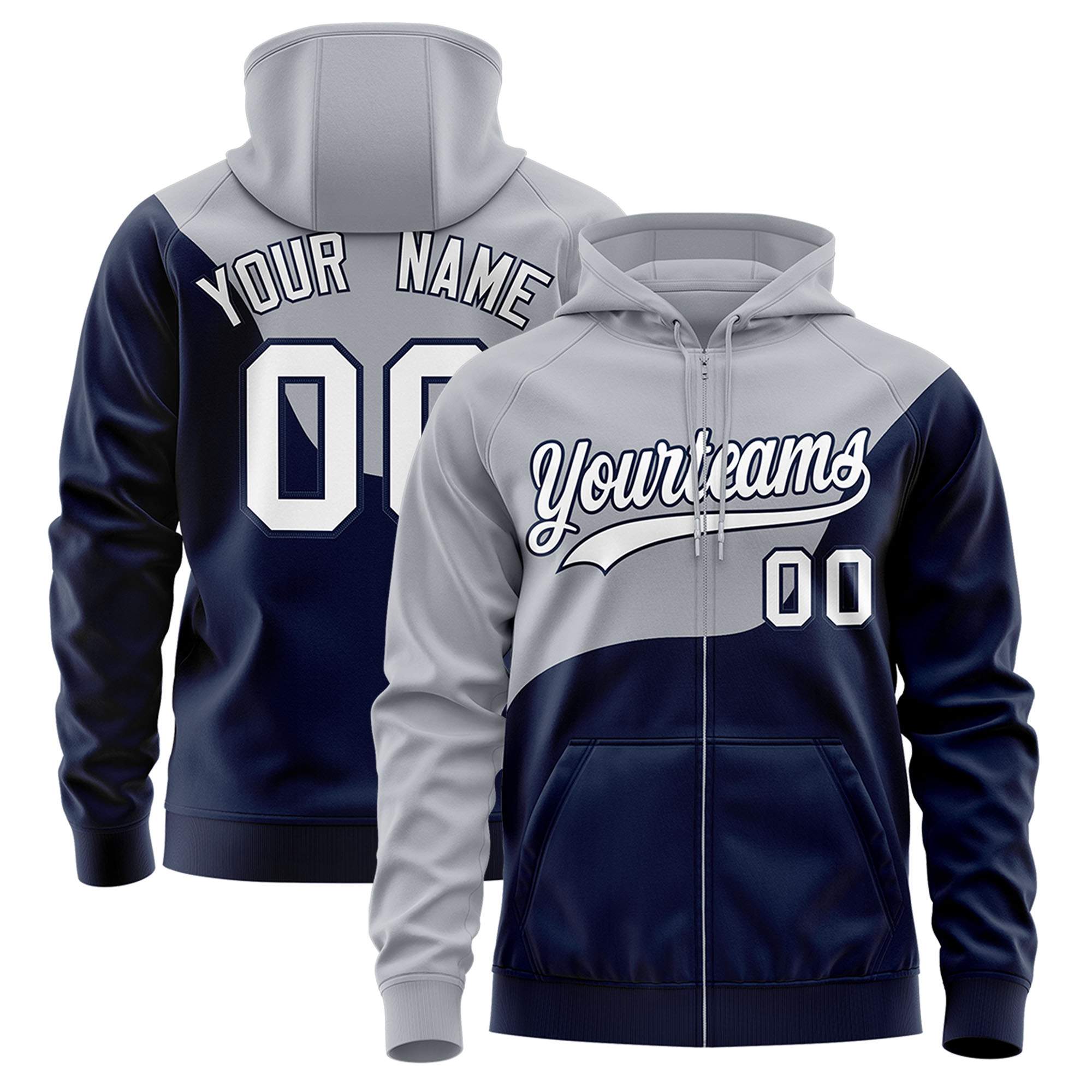 Custom Gray Navy Color Block Varsity Full-Zip Letterman Wave Hoodie Jacket