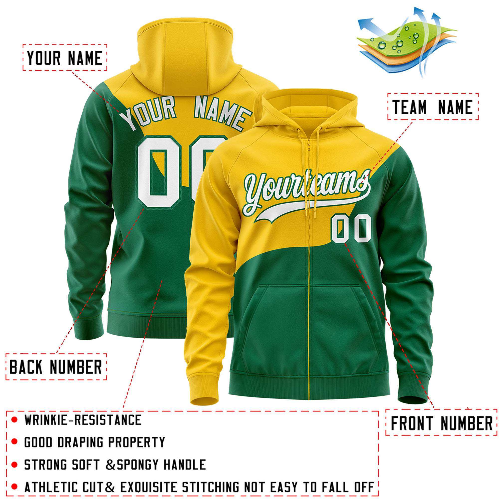 Custom Gold Kelly Green Color Block Varsity Full-Zip Letterman Wave Hoodie Jacket