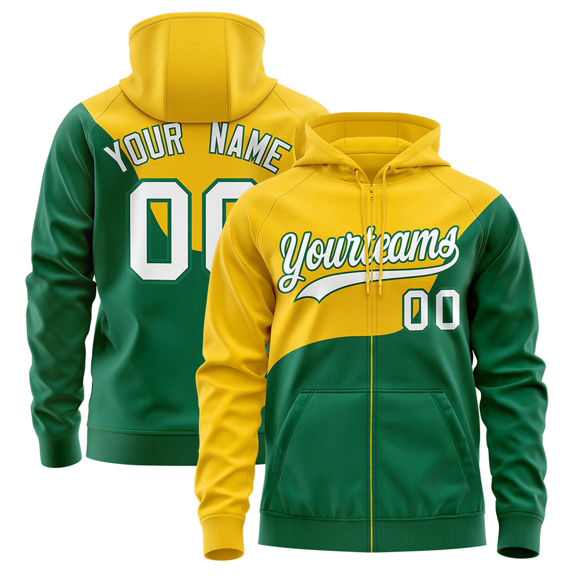 Custom Gold Kelly Green Color Block Varsity Full-Zip Letterman Wave Hoodie Jacket