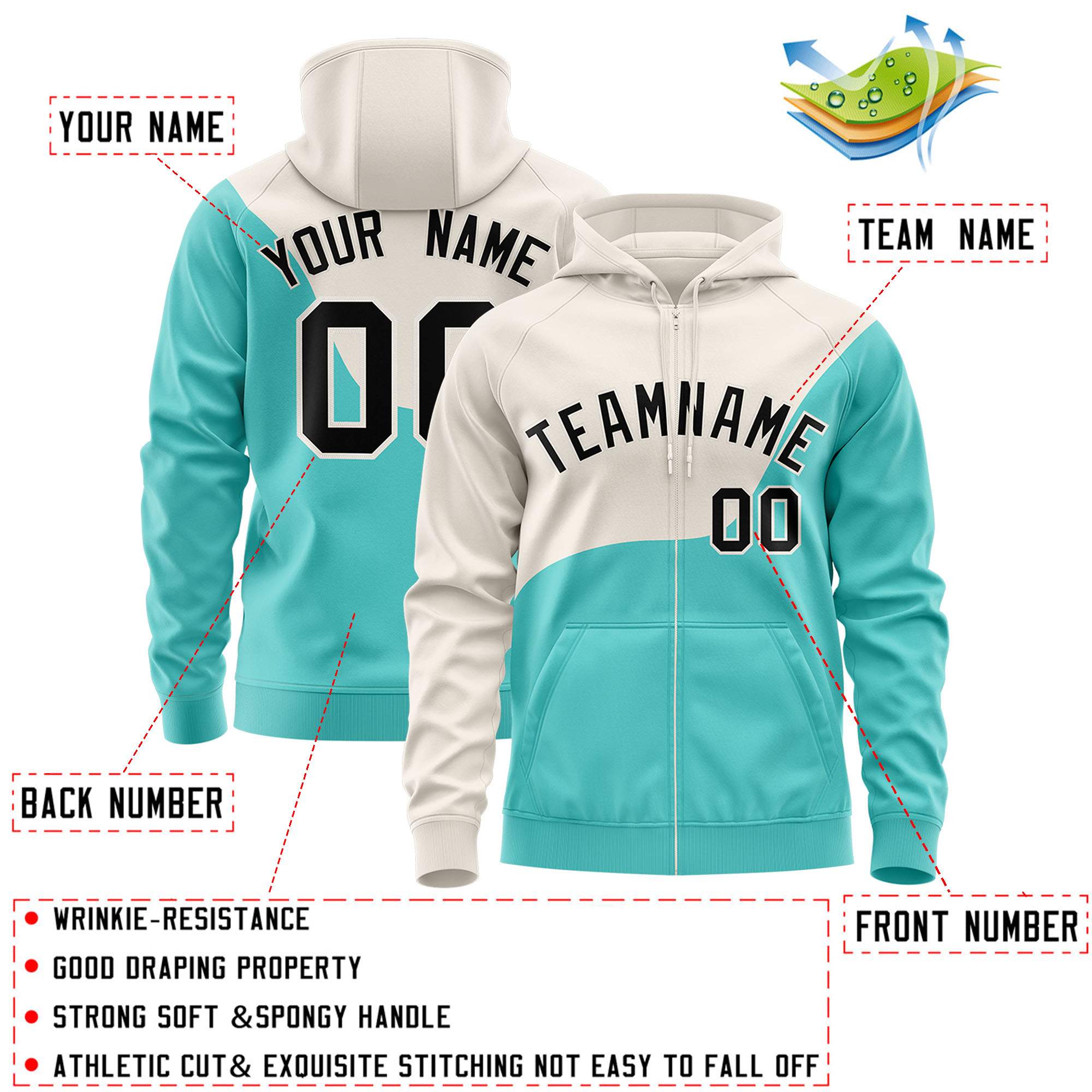 Custom Cream Bright Green Color Block Varsity Full-Zip Letterman Wave Hoodie Jacket