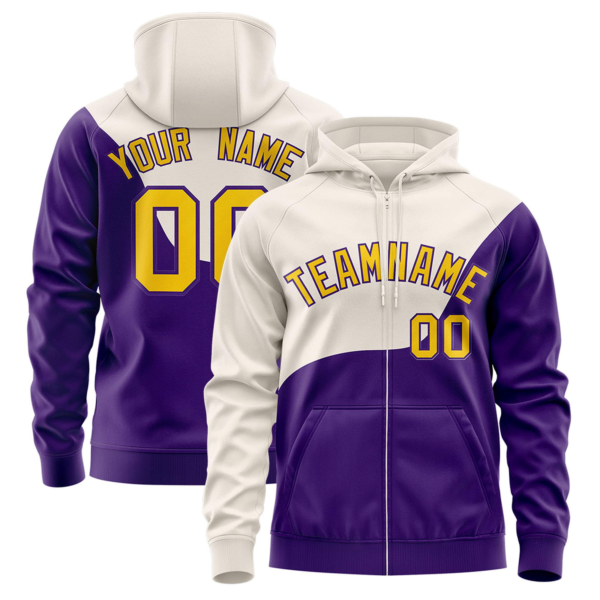 Custom Cream Purple Color Block Varsity Full-Zip Letterman Wave Hoodie Jacket