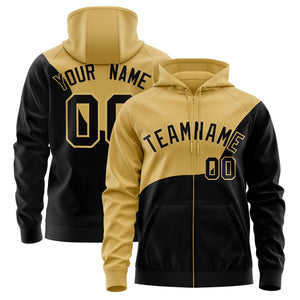 Custom Old Gold Black Color Block Varsity Full-Zip Letterman Wave Hoodie Jacket