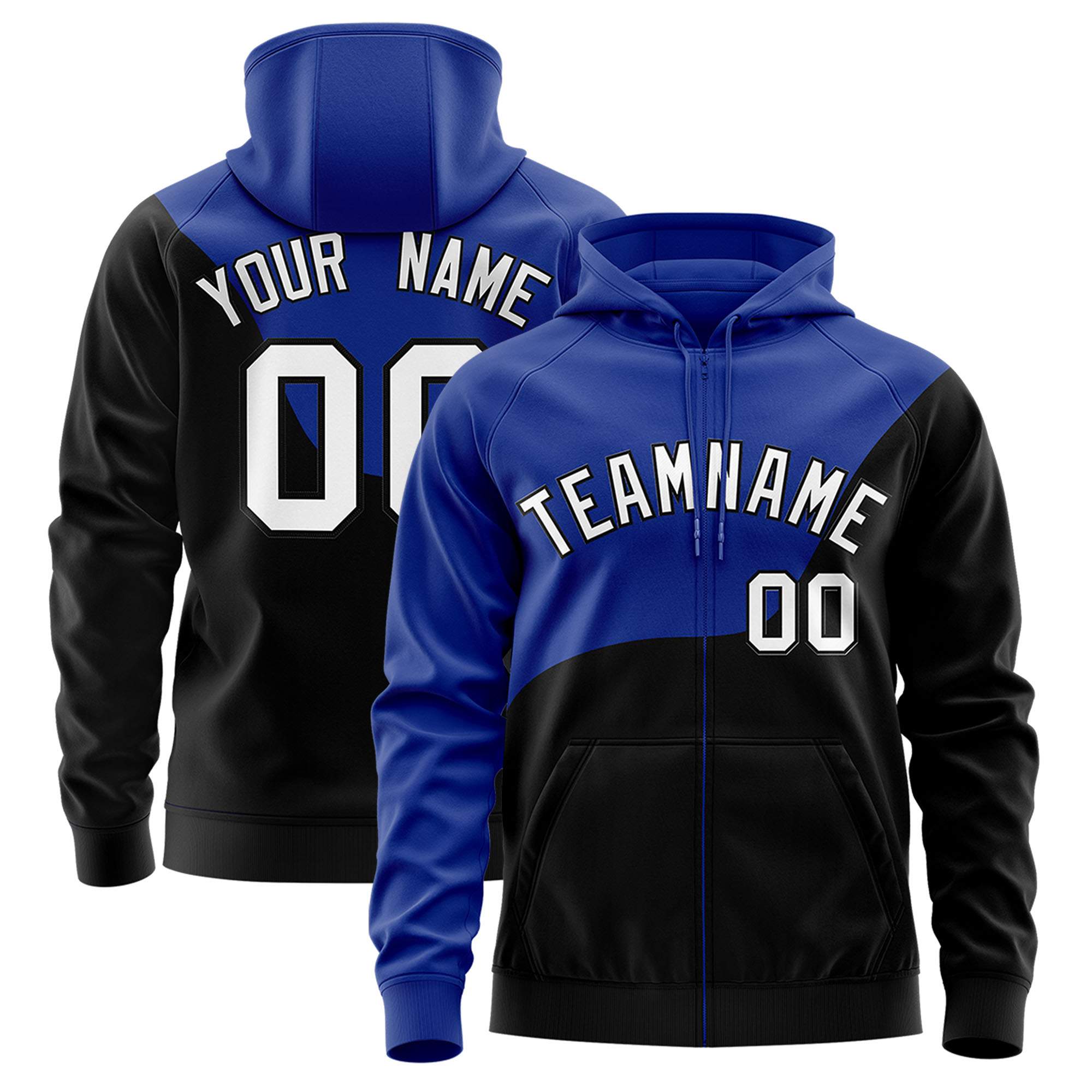 Custom Royal Black Color Block Varsity Full-Zip Letterman Wave Hoodie Jacket