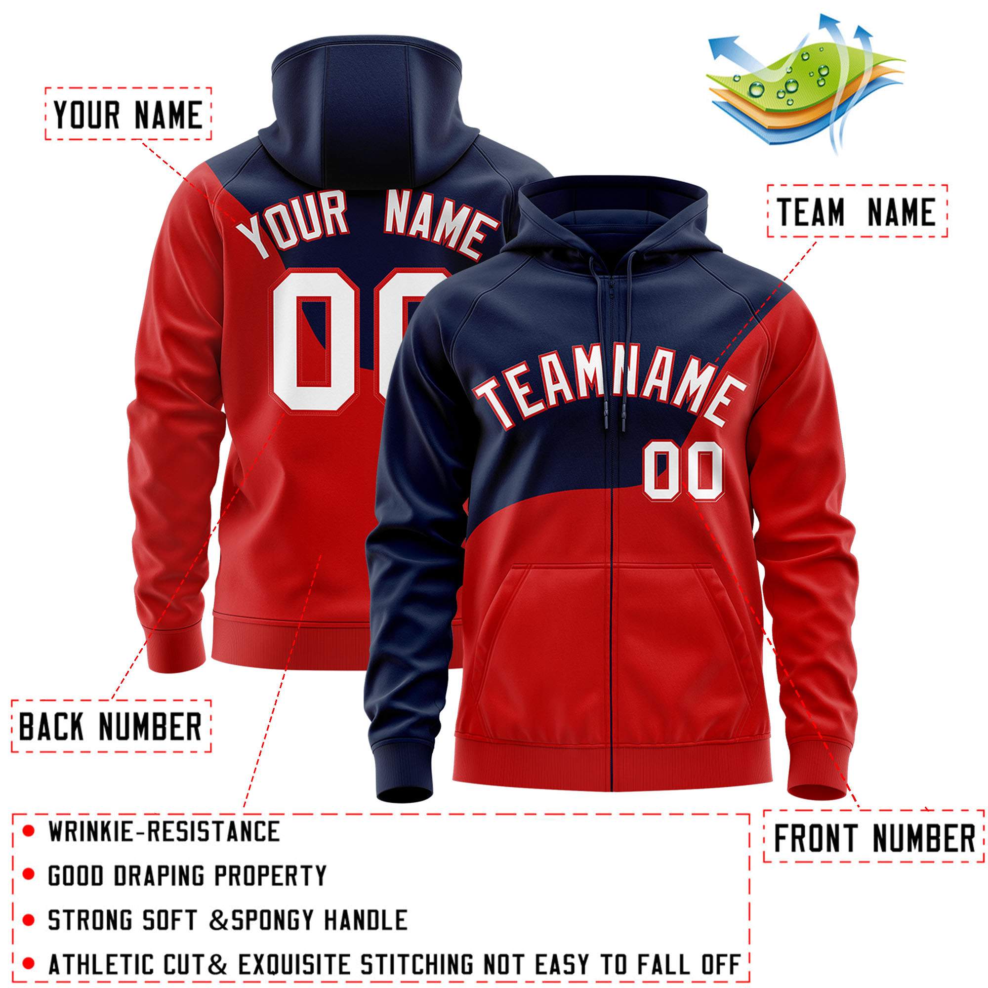 Custom Navy Red Color Block Varsity Full-Zip Letterman Wave Hoodie Jacket