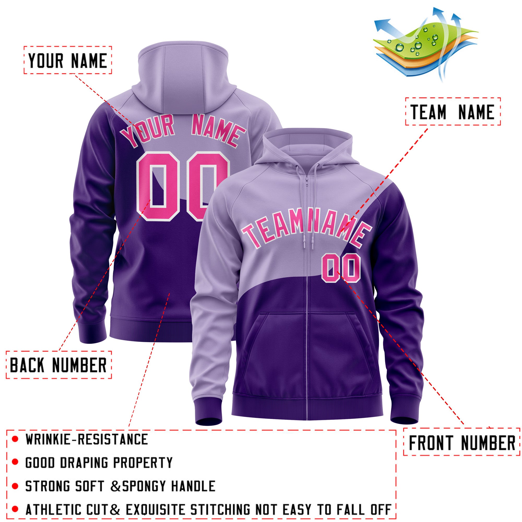 Custom Light Purple Purple Color Block Varsity Full-Zip Letterman Wave Hoodie Jacket