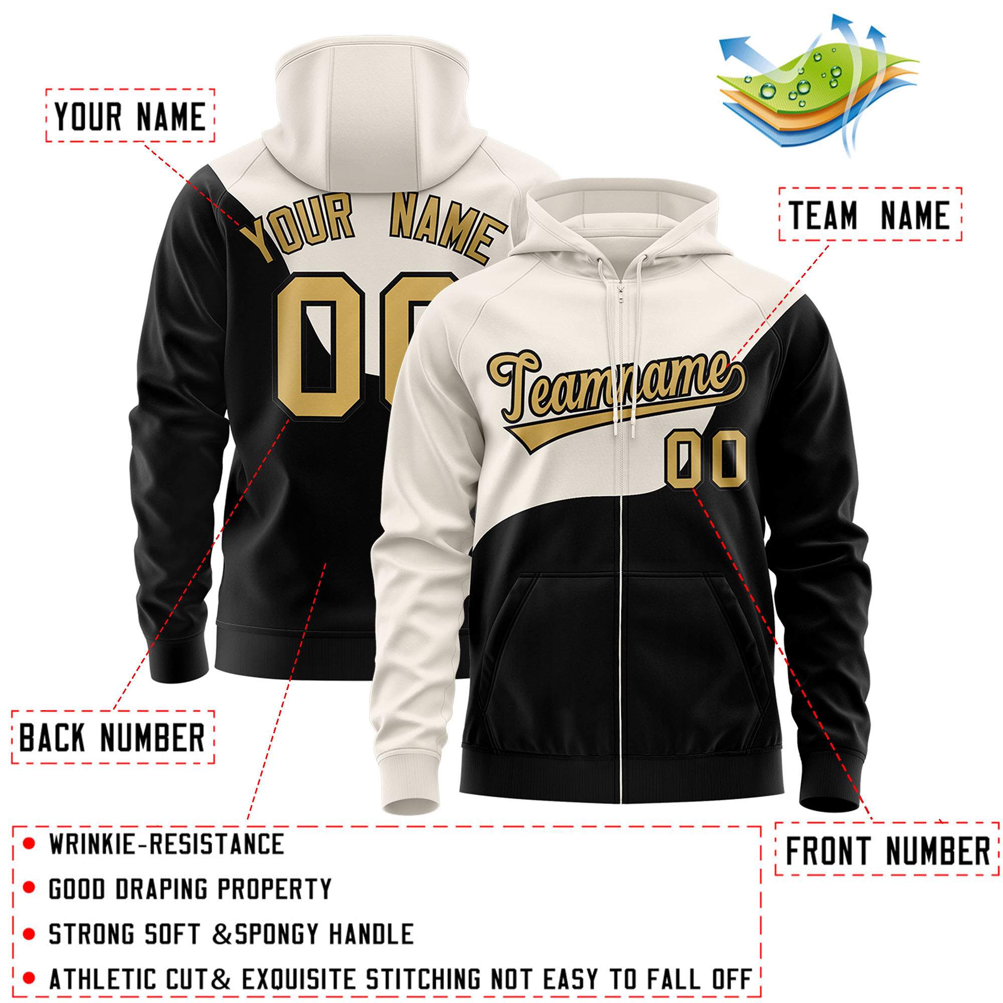 Custom Cream Black Color Block Varsity Full-Zip Letterman Wave Hoodie Jacket