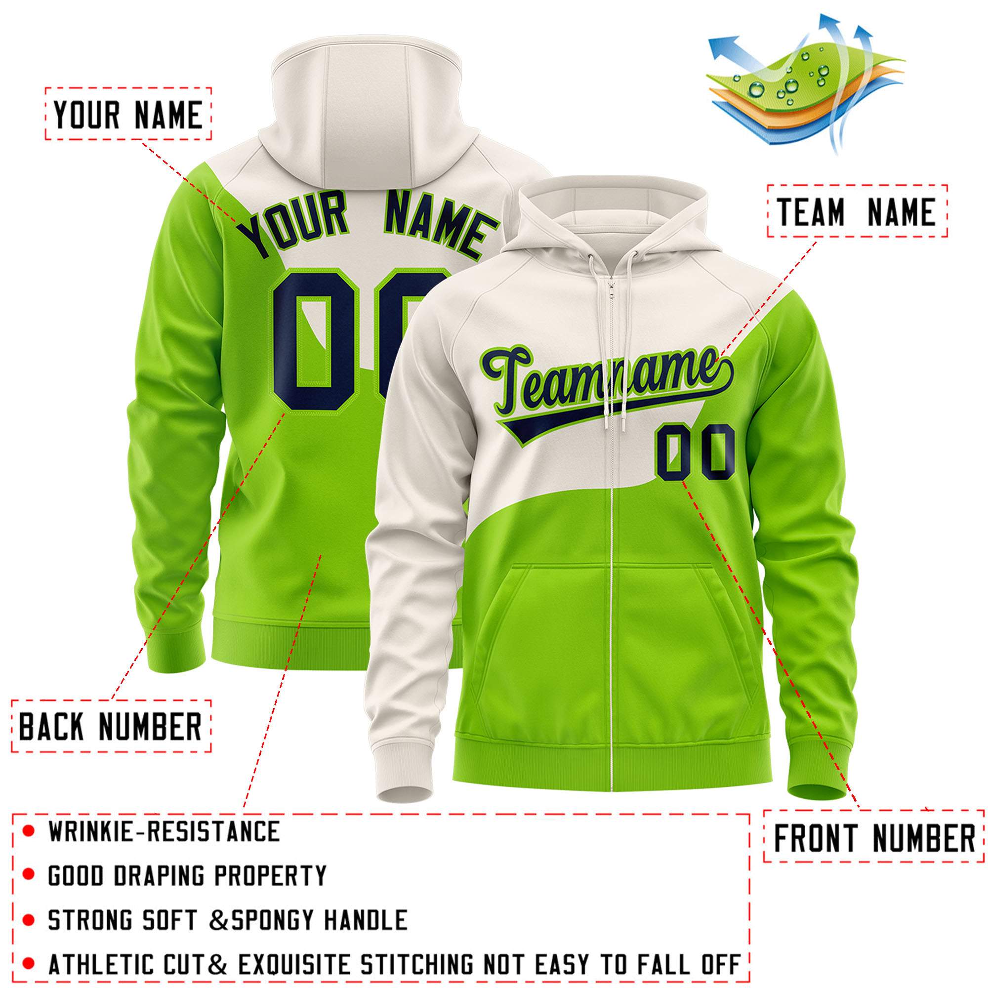 Custom Cream Neon Green Color Block Varsity Full-Zip Letterman Wave Hoodie Jacket