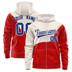 Custom Cream Red Color Block Varsity Full-Zip Letterman Wave Hoodie Jacket