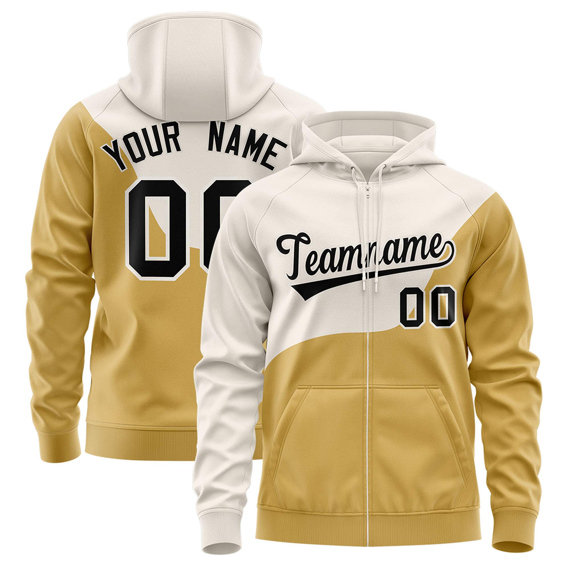 Custom Cream Old Gold Color Block Varsity Full-Zip Letterman Wave Hoodie Jacket