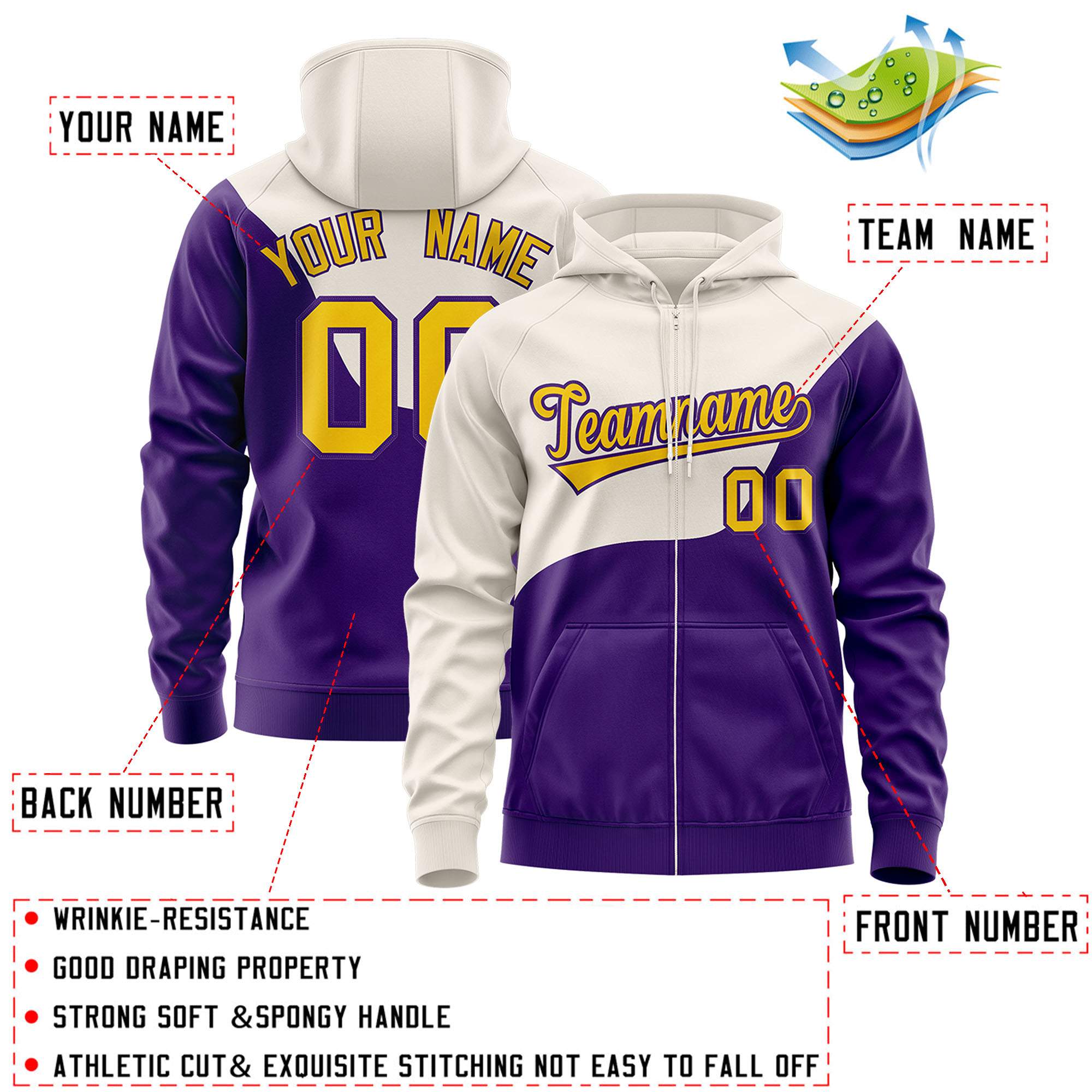 Custom Cream Purple Color Block Varsity Full-Zip Letterman Wave Hoodie Jacket