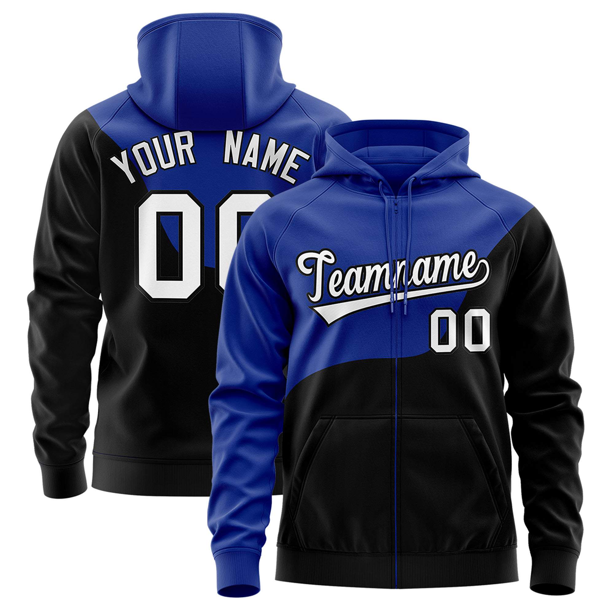 Custom Royal Black Color Block Varsity Full-Zip Letterman Wave Hoodie Jacket