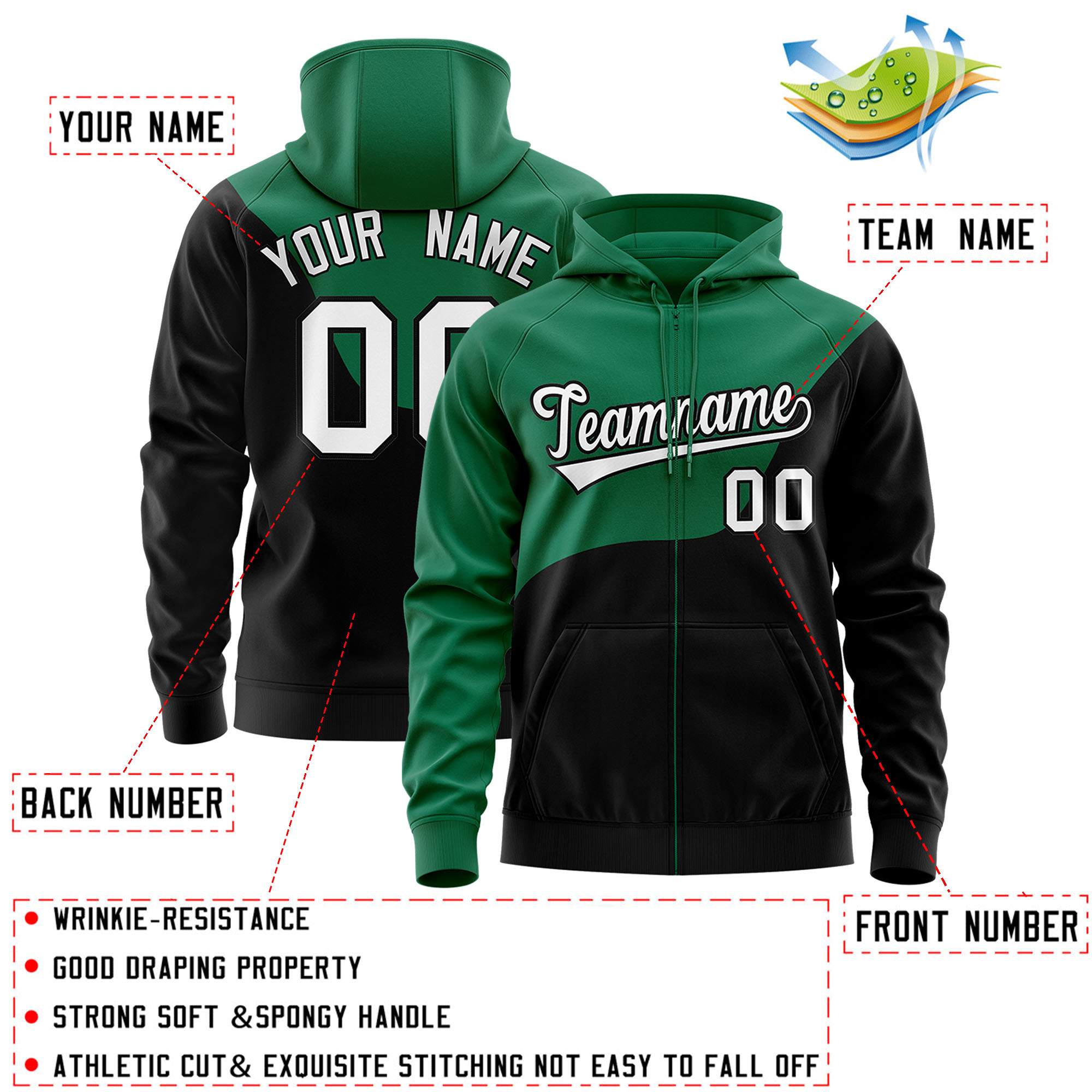 Custom Kelly Green Black Color Block Varsity Full-Zip Letterman Wave Hoodie Jacket