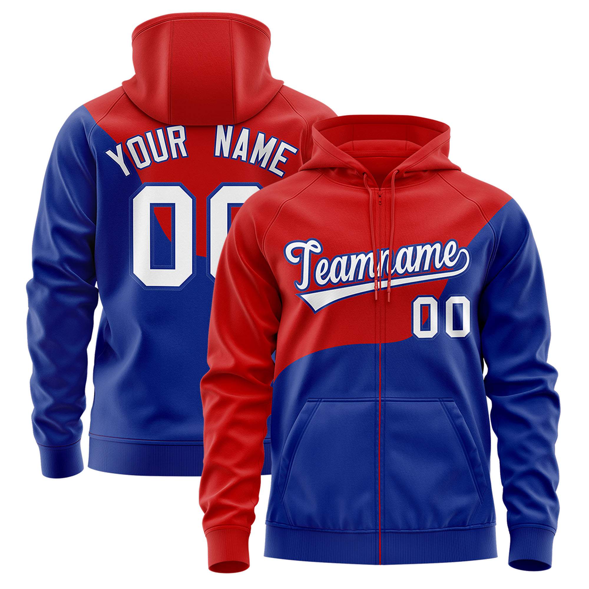 Custom Red Royal Color Block Varsity Full-Zip Letterman Wave Hoodie Jacket