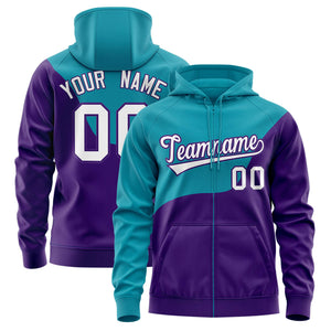 Custom Teal Purple Color Block Varsity Full-Zip Letterman Wave Hoodie Jacket