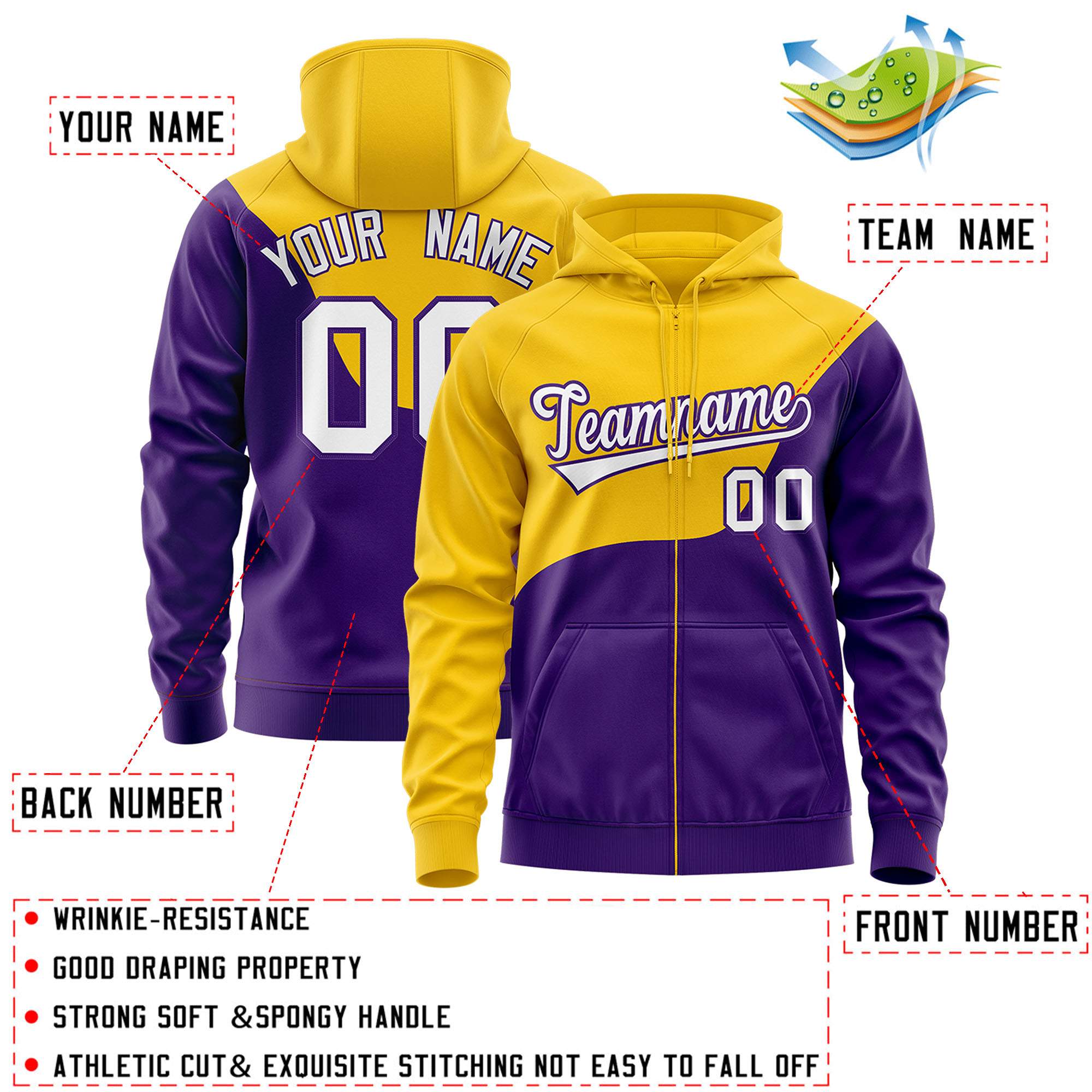 Custom Gold Purple Color Block Varsity Full-Zip Letterman Wave Hoodie Jacket