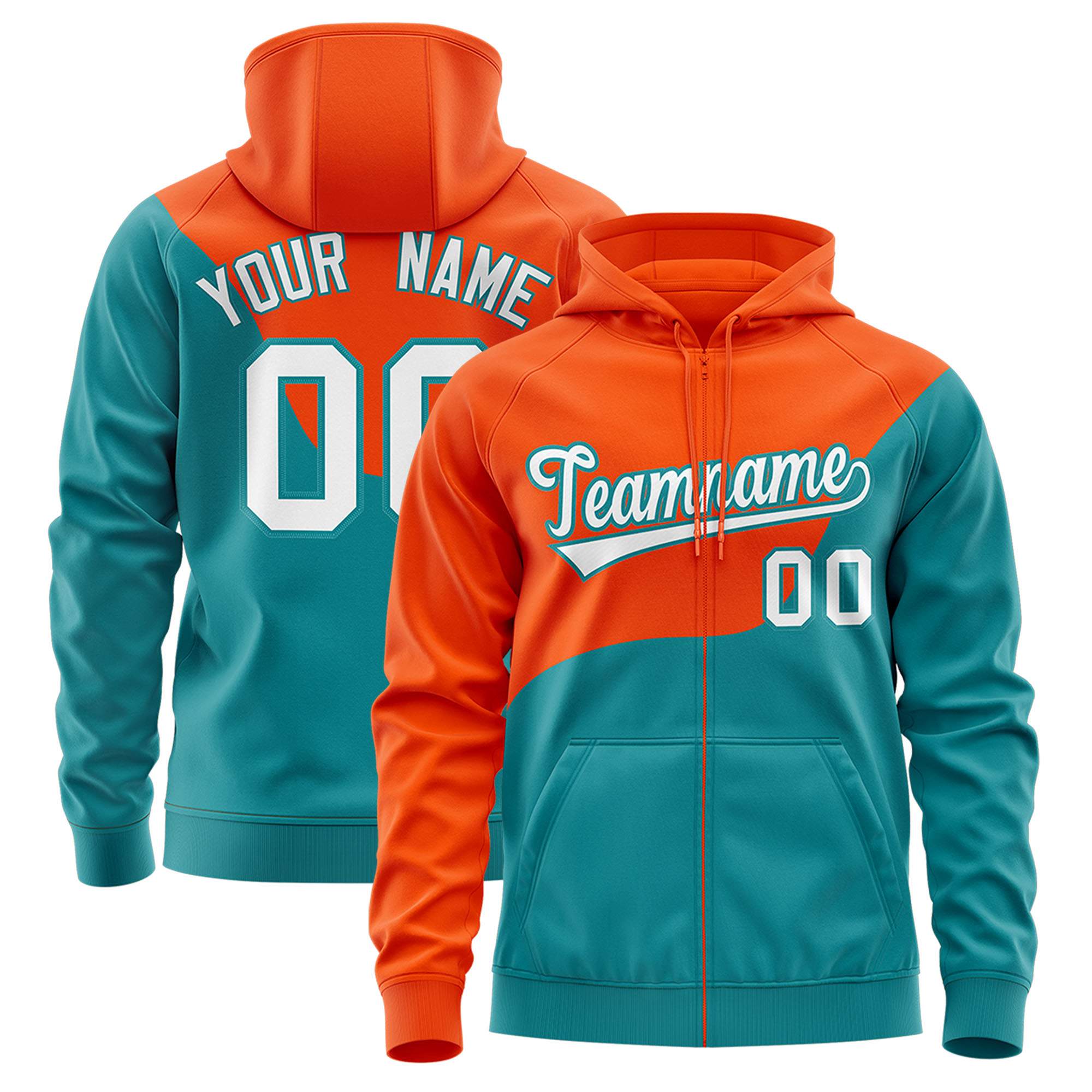 Custom Orange Aqua Color Block Varsity Full-Zip Letterman Wave Hoodie Jacket