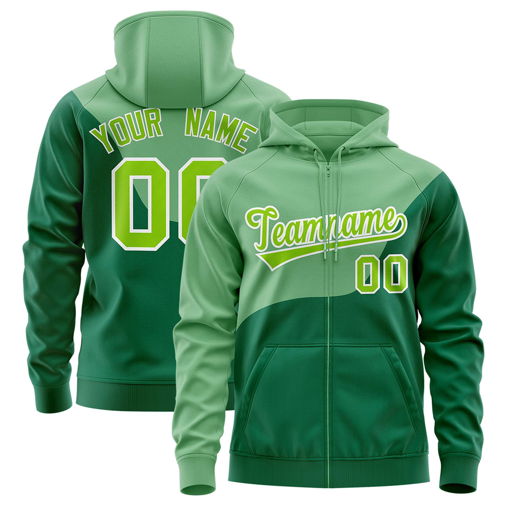 Custom Green Kelly Green Color Block Varsity Full-Zip Letterman Wave Hoodie Jacket