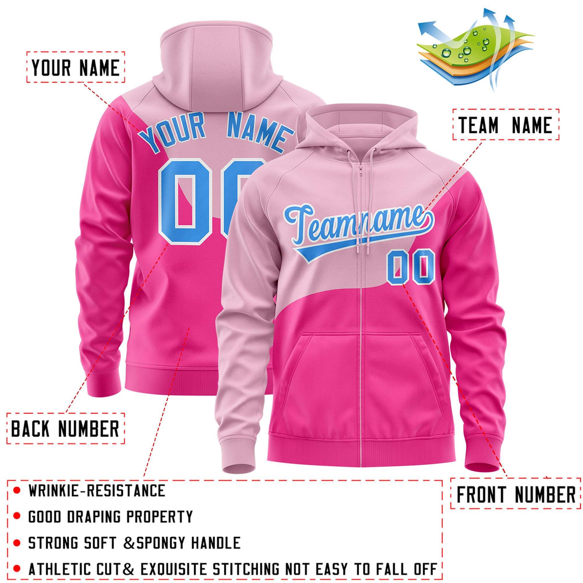 Custom Light Pink Pink Color Block Varsity Full-Zip Letterman Wave Hoodie Jacket