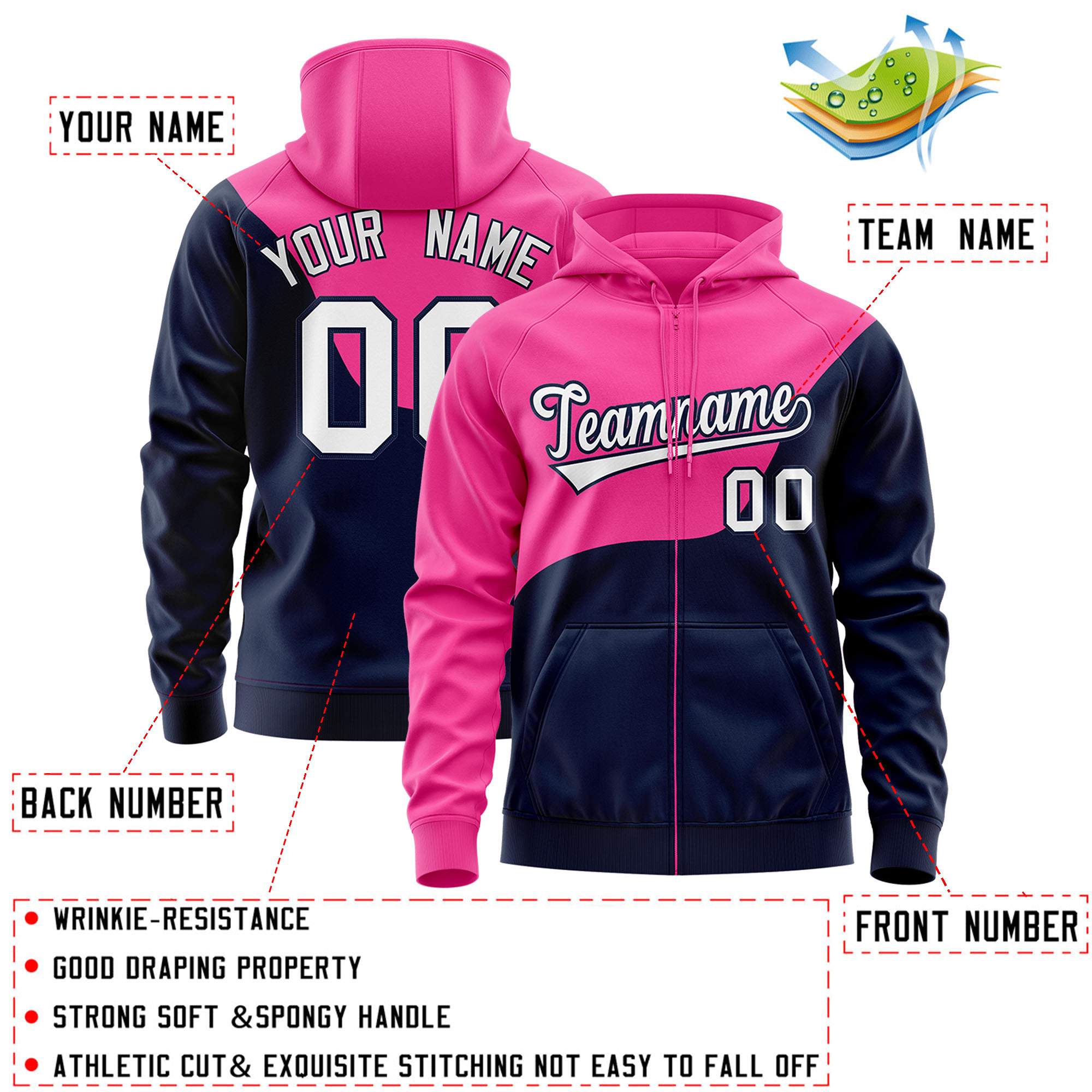 Custom Pink Navy Color Block Varsity Full-Zip Letterman Wave Hoodie Jacket