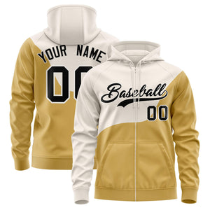 Custom Cream Old Gold Color Block Varsity Full-Zip Letterman Wave Hoodie Jacket