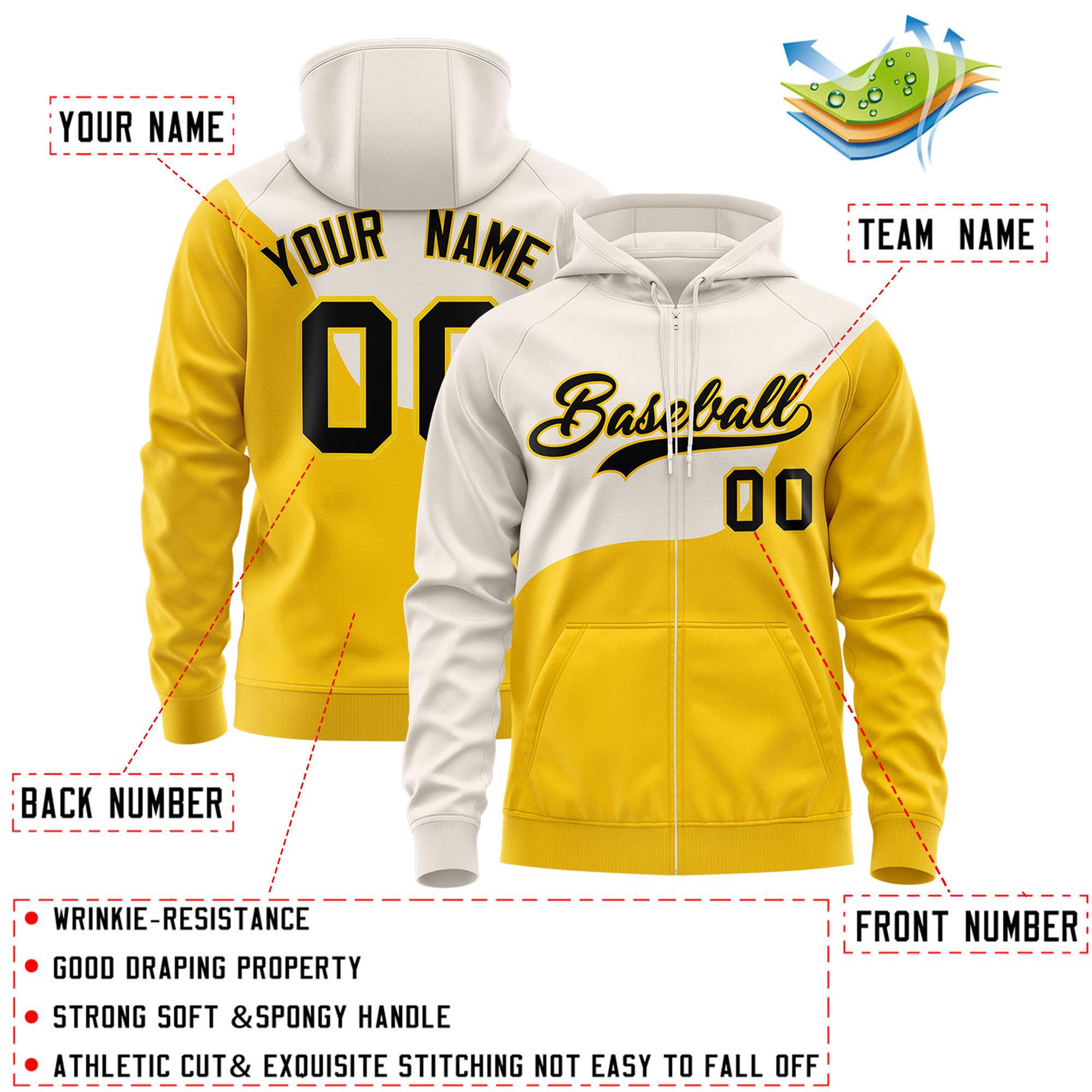 Custom Cream Gold Color Block Varsity Full-Zip Letterman Wave Hoodie Jacket