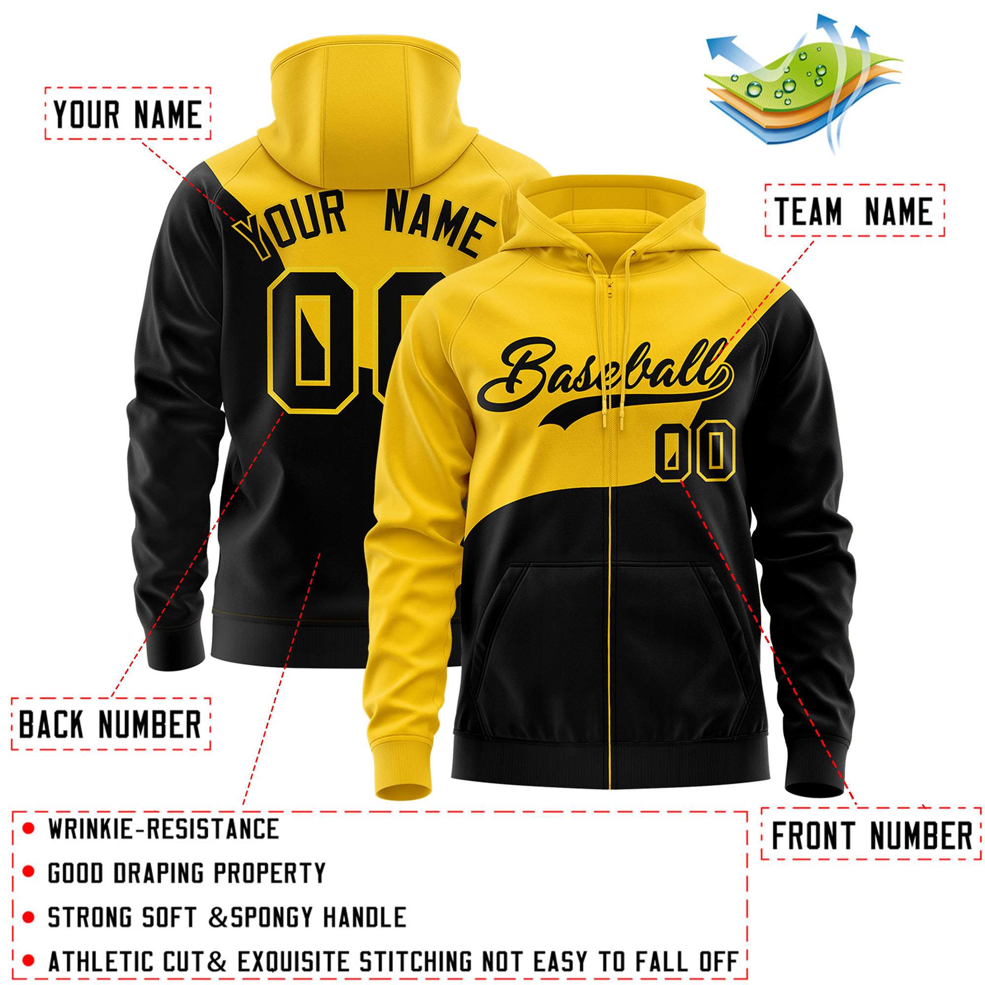 Custom Gold Black Color Block Varsity Full-Zip Letterman Wave Hoodie Jacket