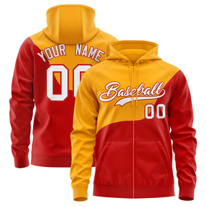 Custom Yellow Red Color Block Varsity Full-Zip Letterman Wave Hoodie Jacket