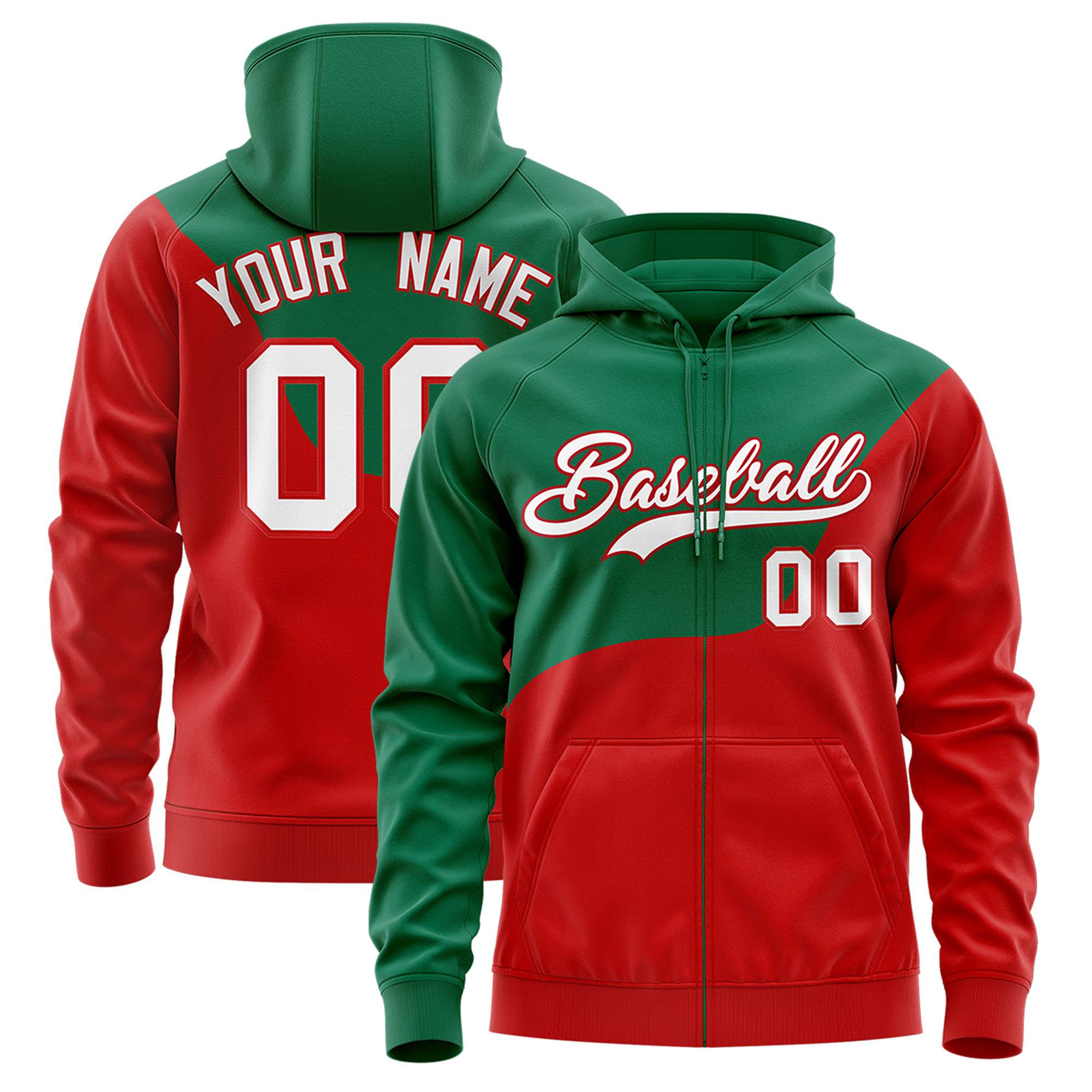 Custom Kelly Green Red Color Block Varsity Full-Zip Letterman Wave Hoodie Jacket