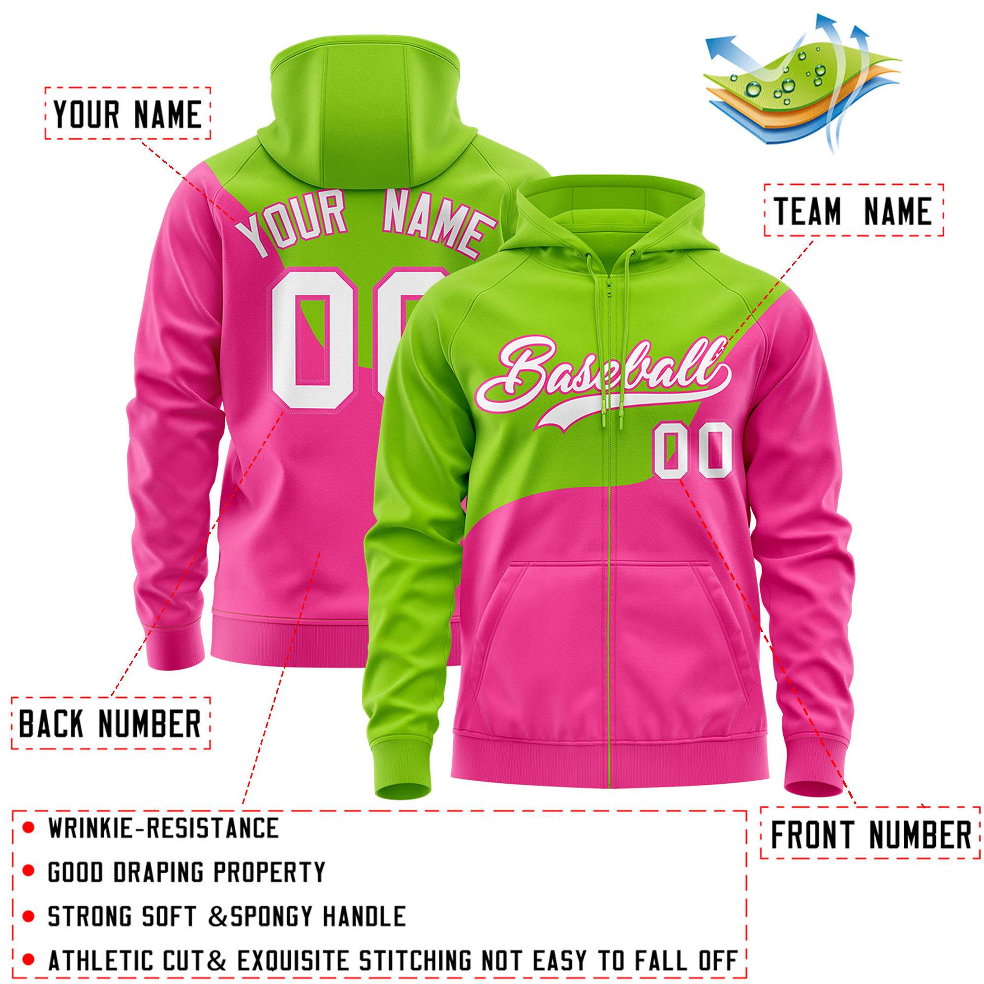 Custom Neon Green Pink Color Block Varsity Full-Zip Letterman Wave Hoodie Jacket