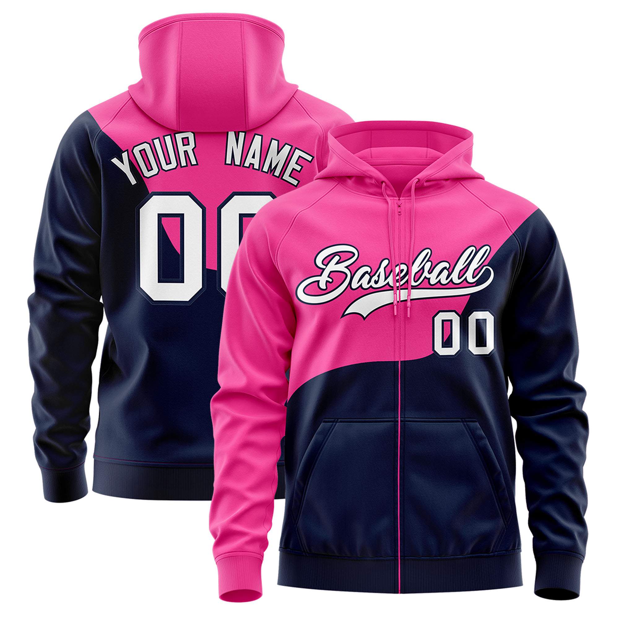 Custom Pink Navy Color Block Varsity Full-Zip Letterman Wave Hoodie Jacket