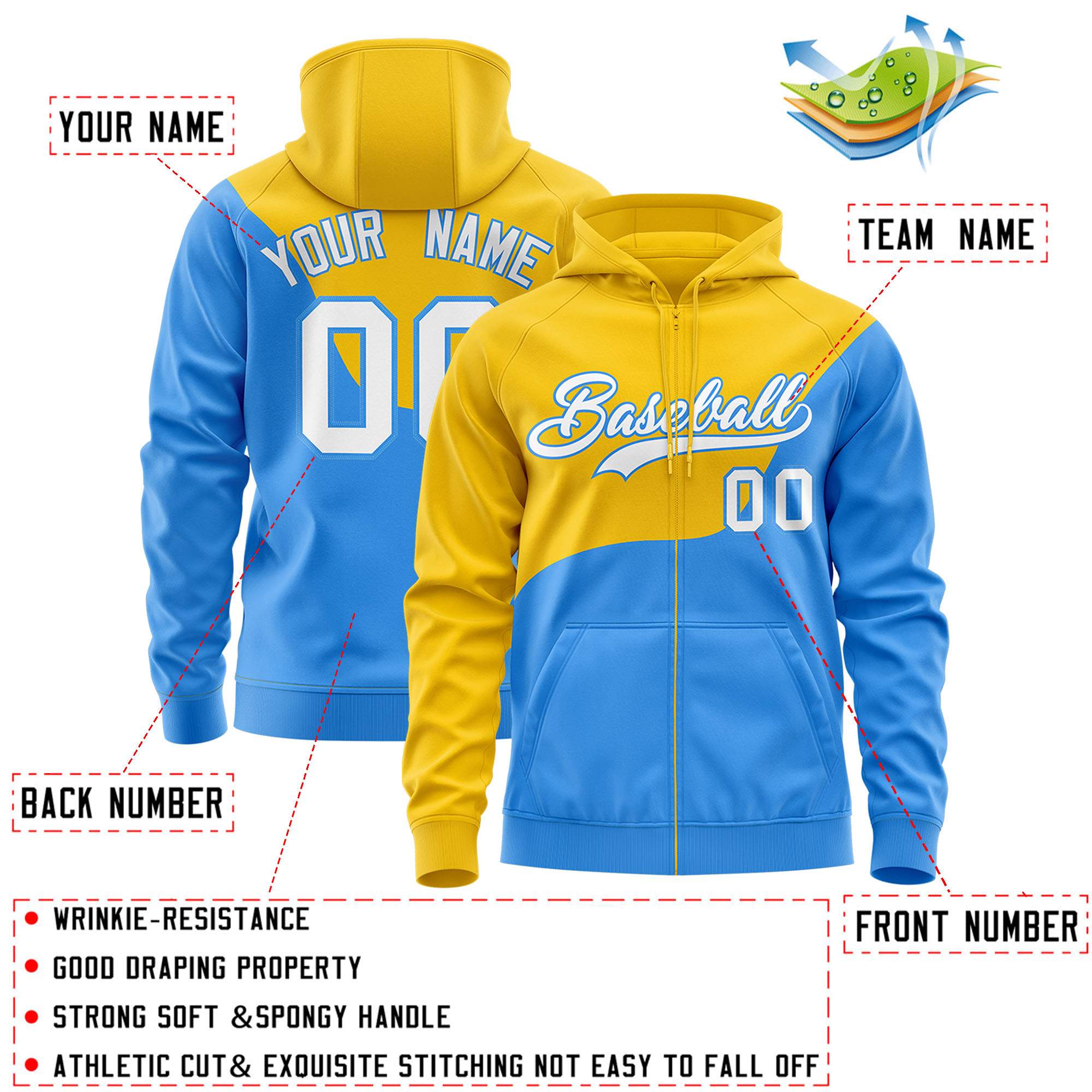 Custom Gold Powder Blue Color Block Varsity Full-Zip Letterman Wave Hoodie Jacket