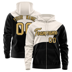 Custom Cream Black Color Block Varsity Full-Zip Letterman Wave Hoodie Jacket