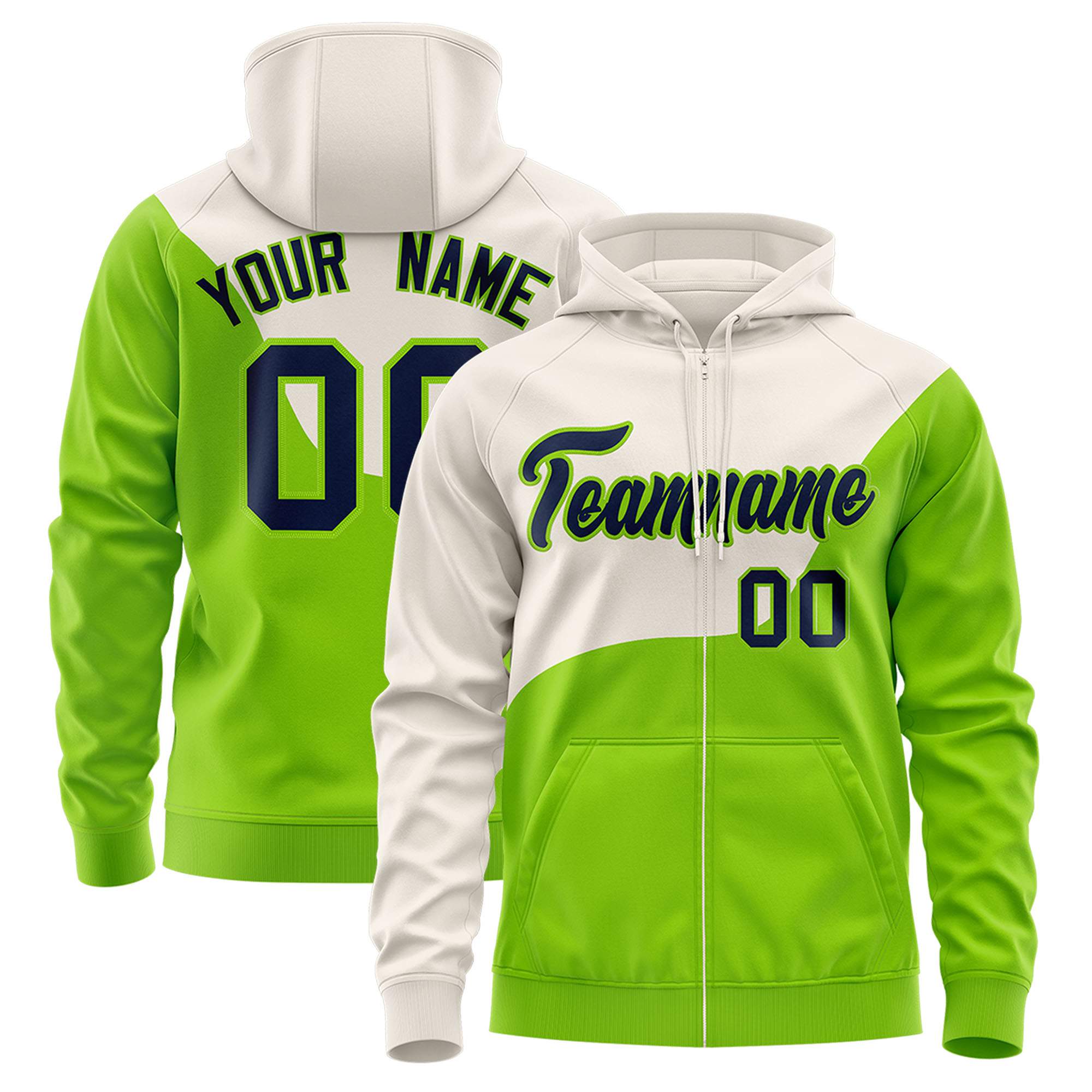 Custom Cream Neon Green Color Block Varsity Full-Zip Letterman Wave Hoodie Jacket