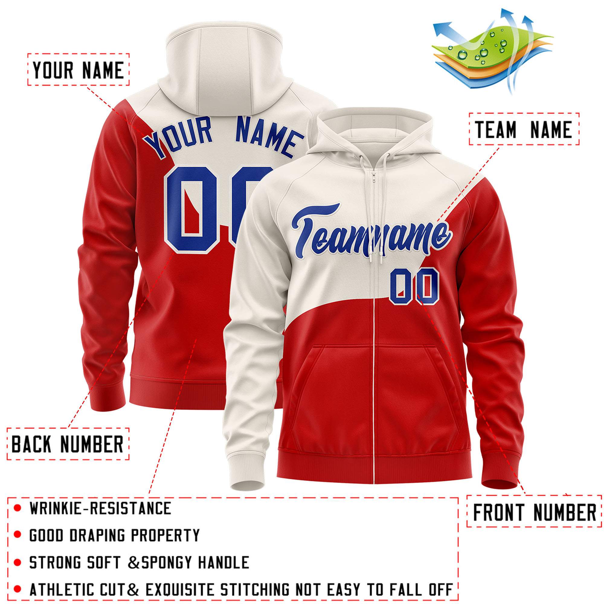 Custom Cream Red Color Block Varsity Full-Zip Letterman Wave Hoodie Jacket