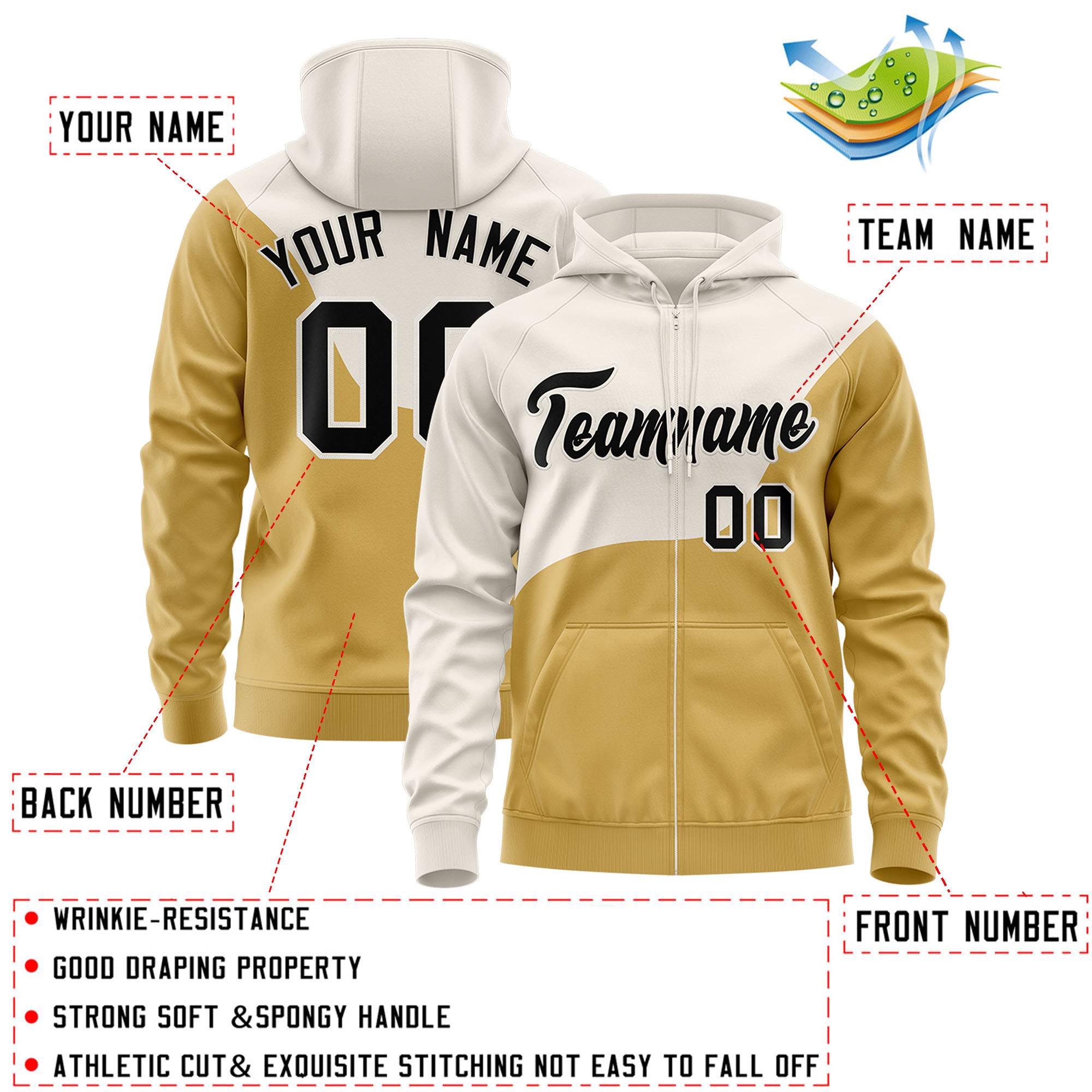 Custom Cream Old Gold Color Block Varsity Full-Zip Letterman Wave Hoodie Jacket