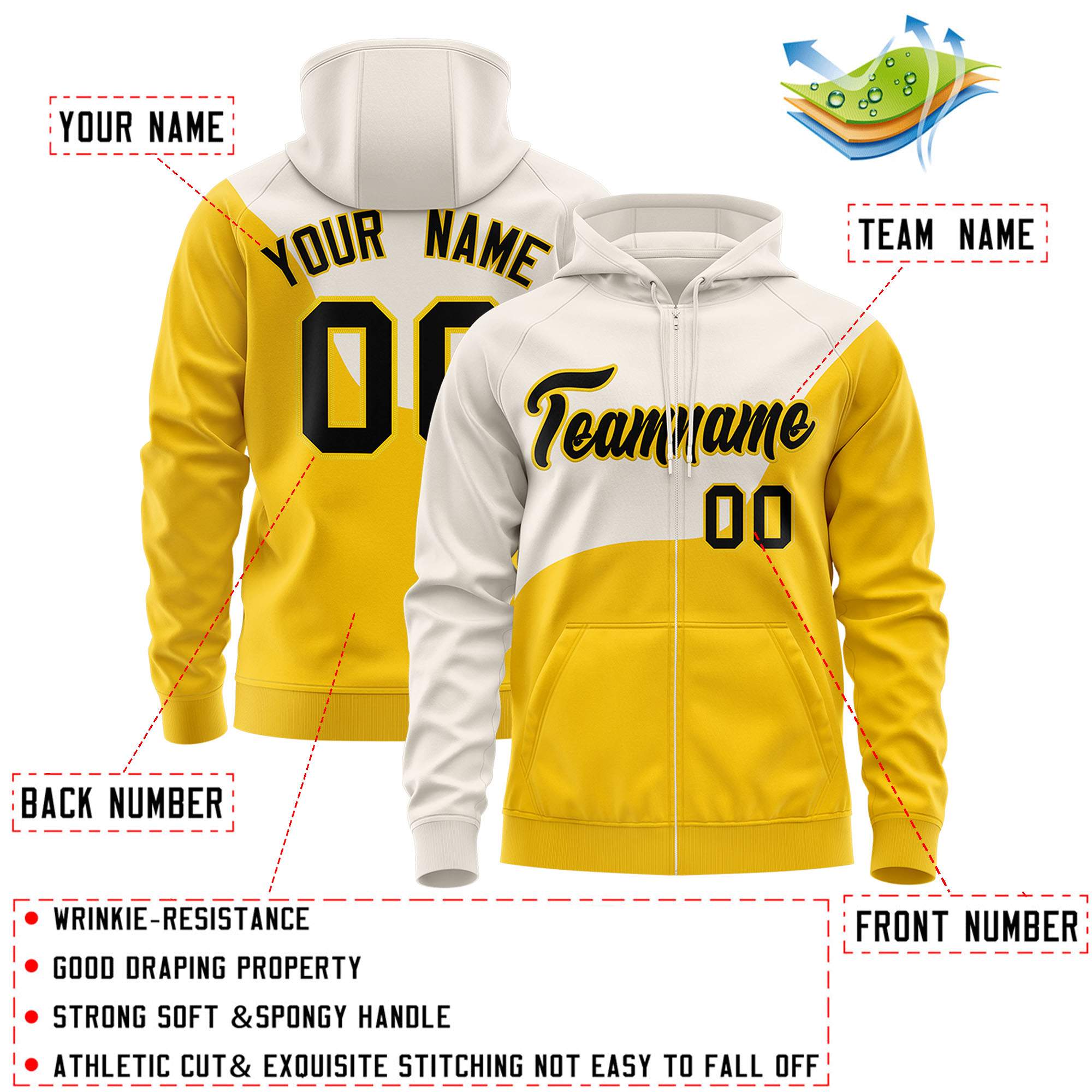 Custom Cream Gold Color Block Varsity Full-Zip Letterman Wave Hoodie Jacket