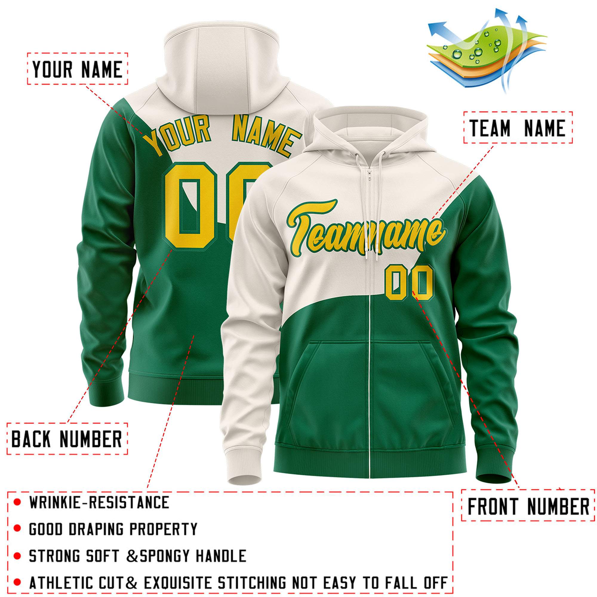 Custom Cream Kelly Green Color Block Varsity Full-Zip Letterman Wave Hoodie Jacket