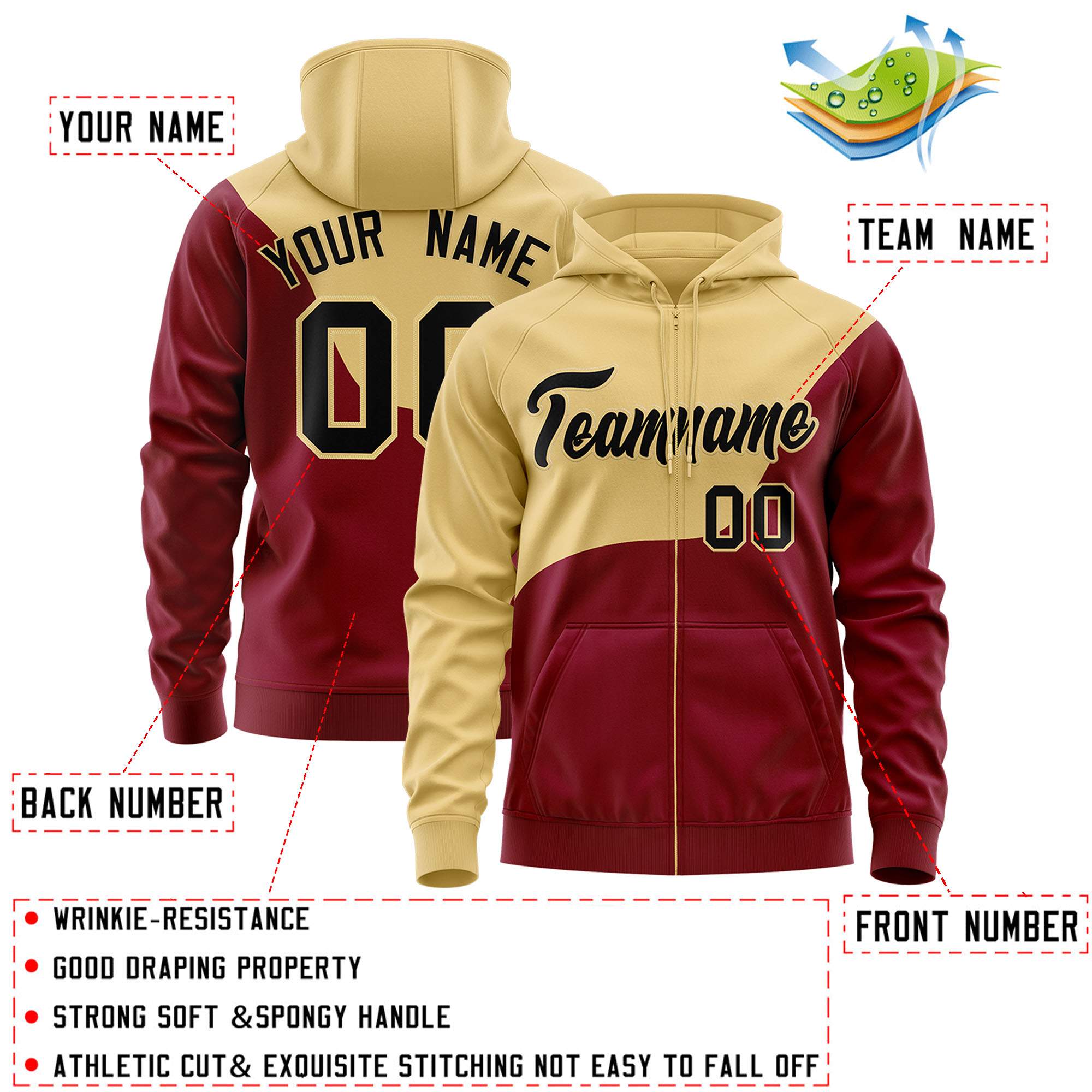 Custom Khaki Crimson Color Block Varsity Full-Zip Letterman Wave Hoodie Jacket