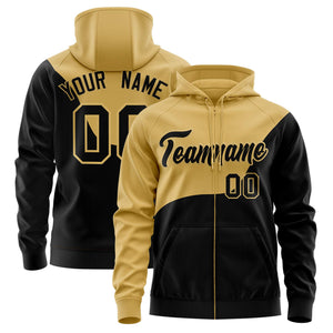 Custom Old Gold Black Color Block Varsity Full-Zip Letterman Wave Hoodie Jacket