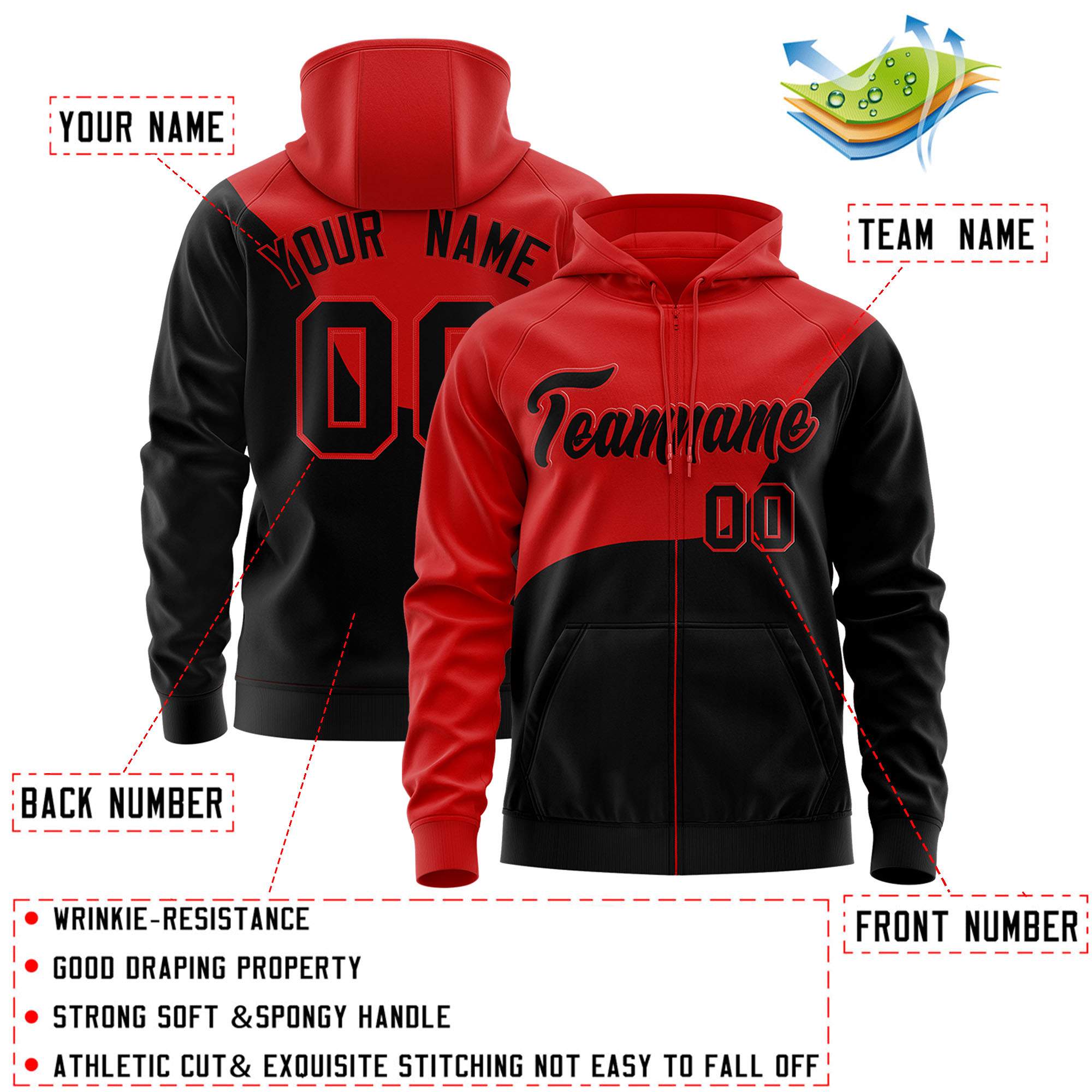 Custom Red Black Color Block Varsity Full-Zip Letterman Wave Hoodie Jacket