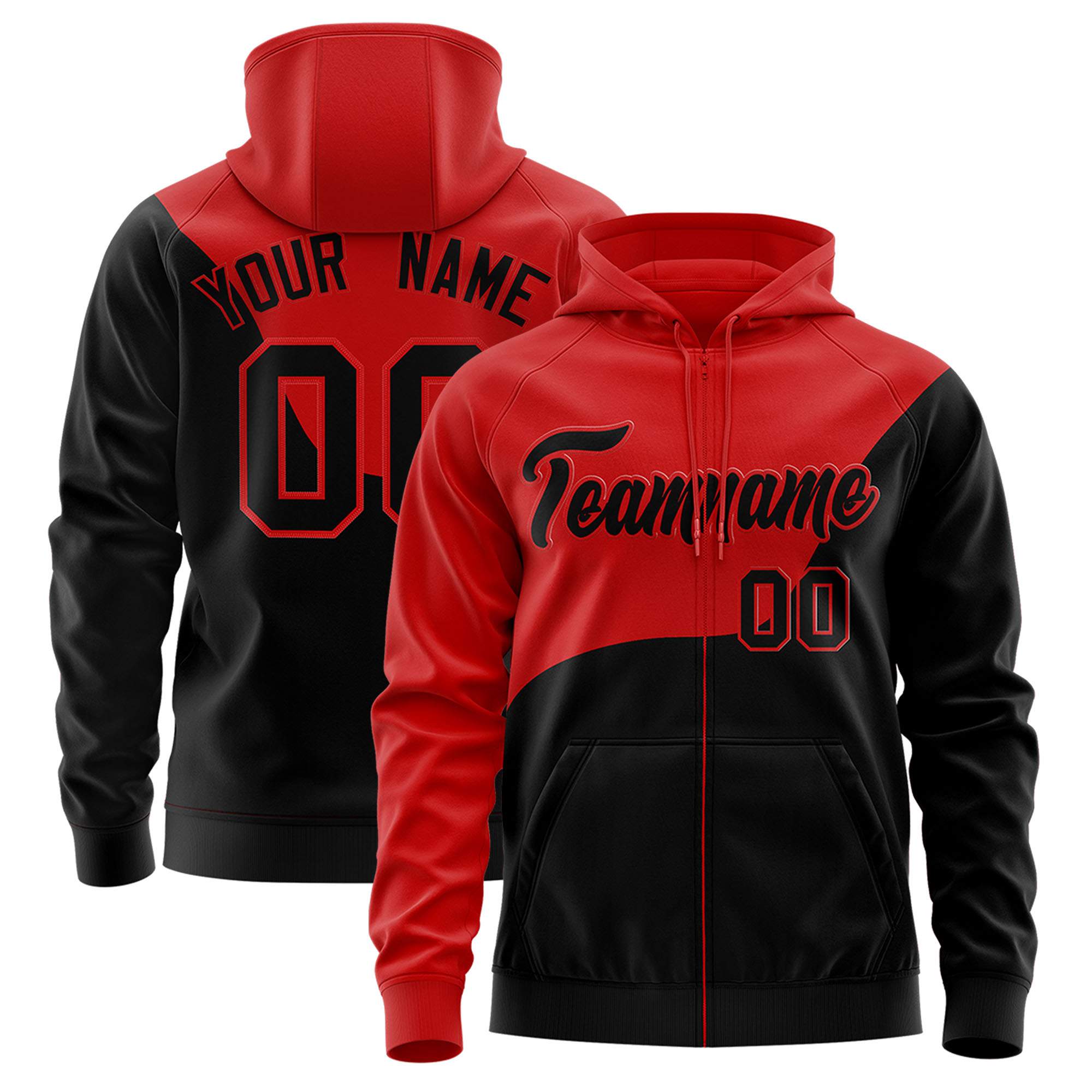 Custom Red Black Color Block Varsity Full-Zip Letterman Wave Hoodie Jacket