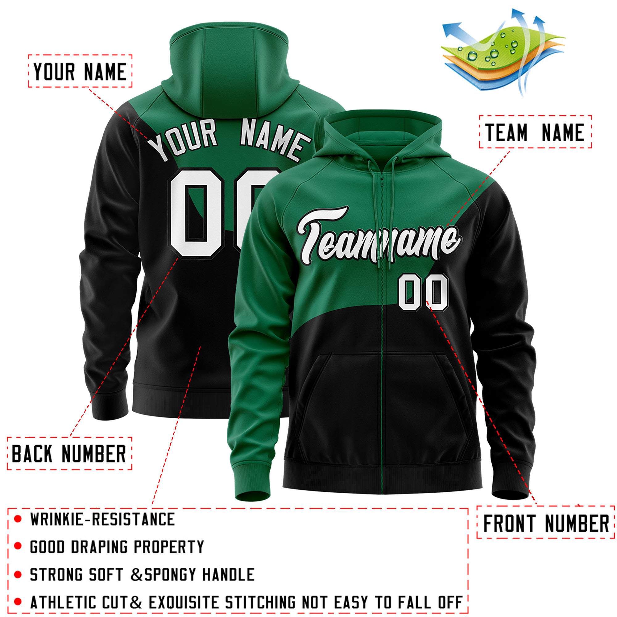 Custom Kelly Green Black Color Block Varsity Full-Zip Letterman Wave Hoodie Jacket